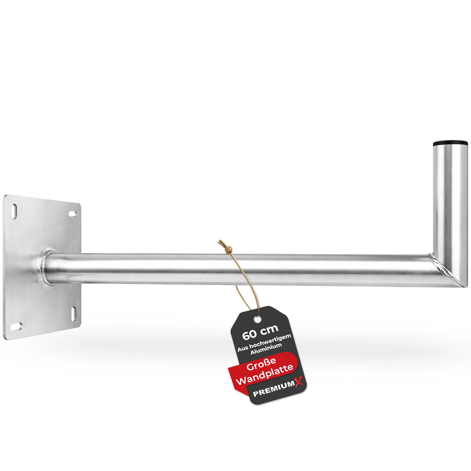 Eine metallische Wandhalterung mit einer Länge von 60 cm, ausgestattet mit einer großen Befestigungsplatte. Ein Etikett zeigt an, dass sie aus hochwertigem Aluminium hergestellt ist.