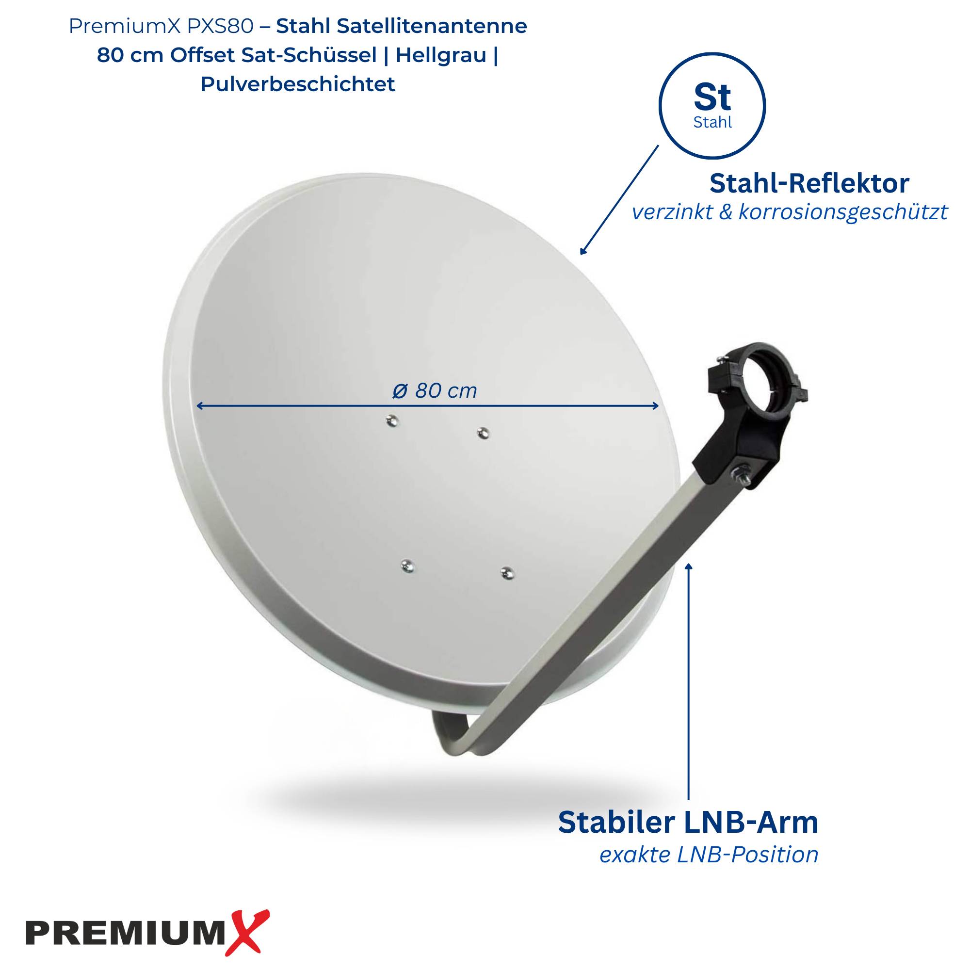 PremiumX PXS80 Satellitenschüssel 80cm Stahl Hellgrau Satellitenantenne SAT Spiegel mit LNB Tragarm und Masthalterung
