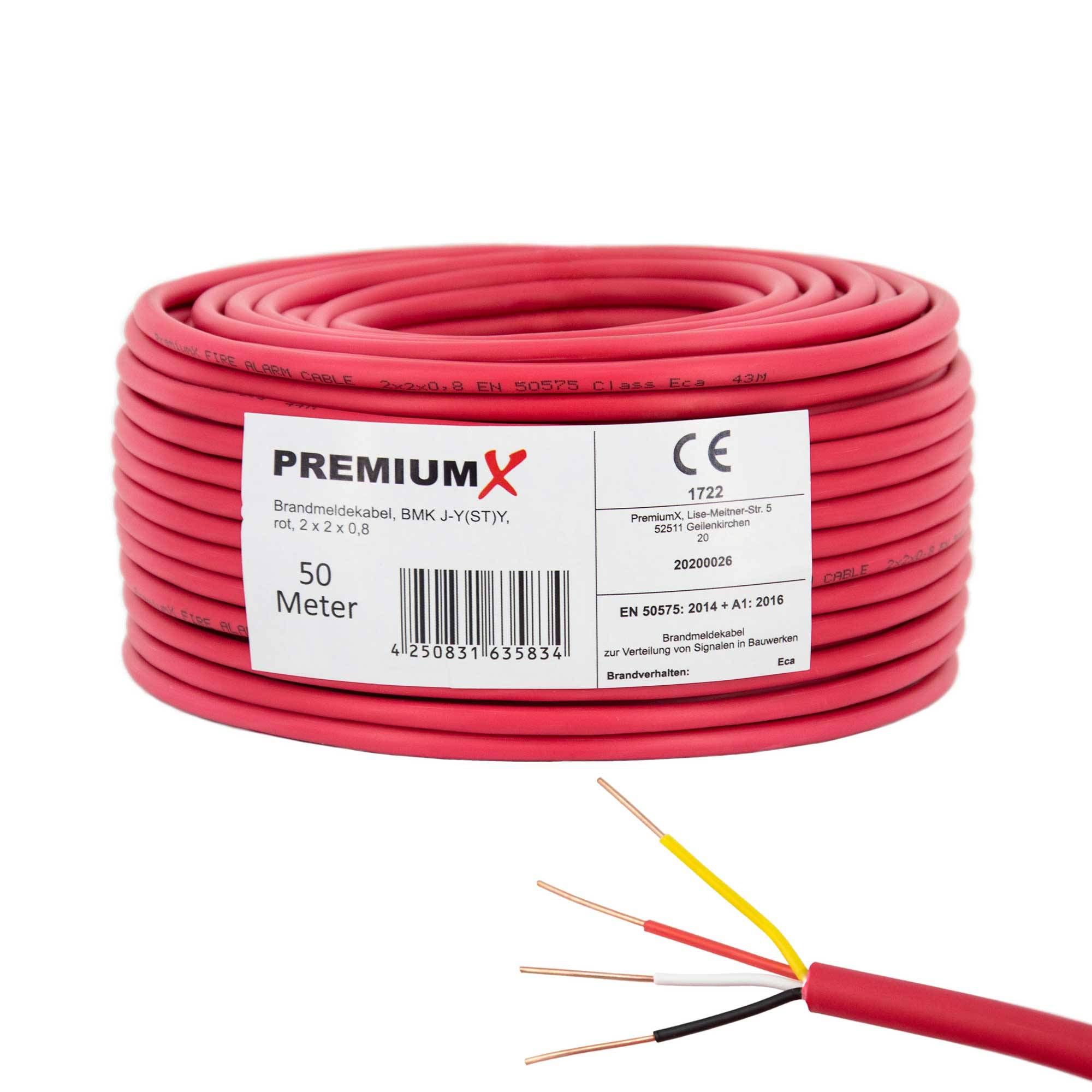 PremiumX 50m Brandmeldekabel BMK J-Y(ST)Y 2x2x0,8 Eca Fernmeldekabel rot Fernmeldeleitung Brandmeldeleitung