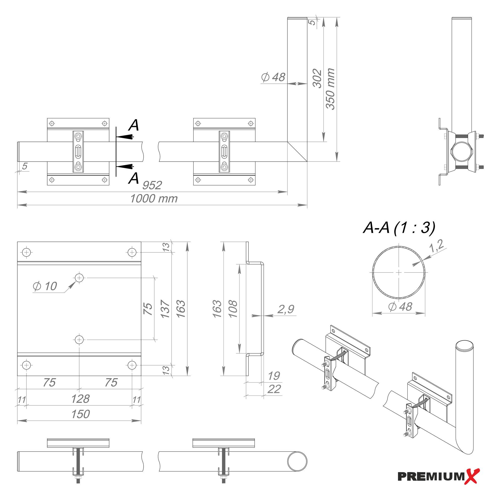 PremiumX 100cm Wandausleger SAT Wand-Halterung Stahl verzinkt Rohr Satellitenschüssel Mast Satellitenantenne Wandhalter