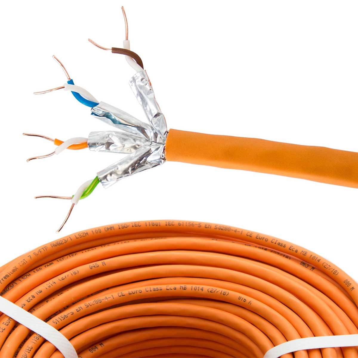 PremiumX 100m CAT 7 Netzwerkkabel Simplex LAN-Kabel Ethernet S/FTP PiMF Cat7 Verlegekabel + 10x RJ45 Netzwerkstecker