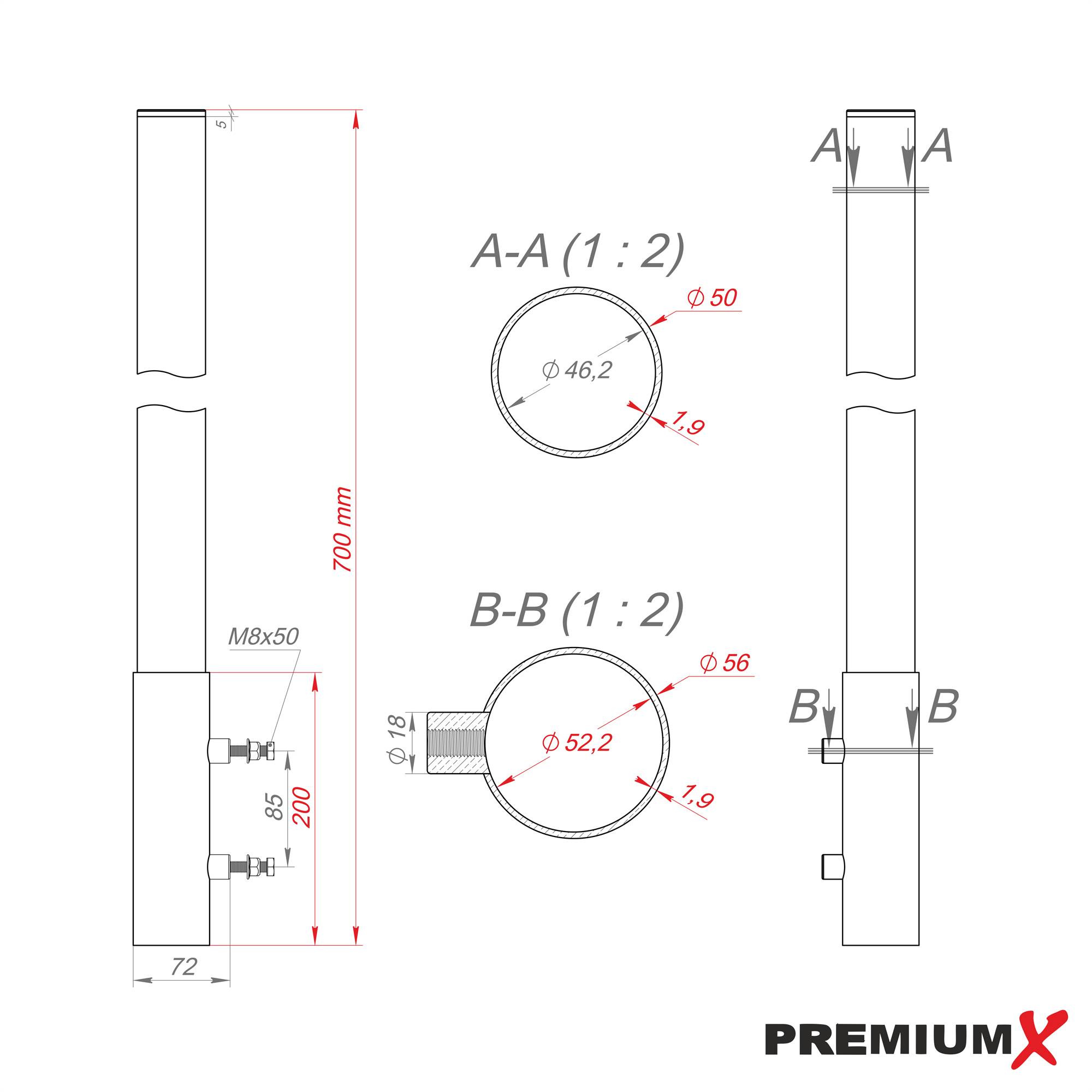 PremiumX Mastverlängerung 70cm Ø 50mm Aluminium Mastaufsatz Antennenmast-Verlängerung Halterung für Satelliten-Schüssel