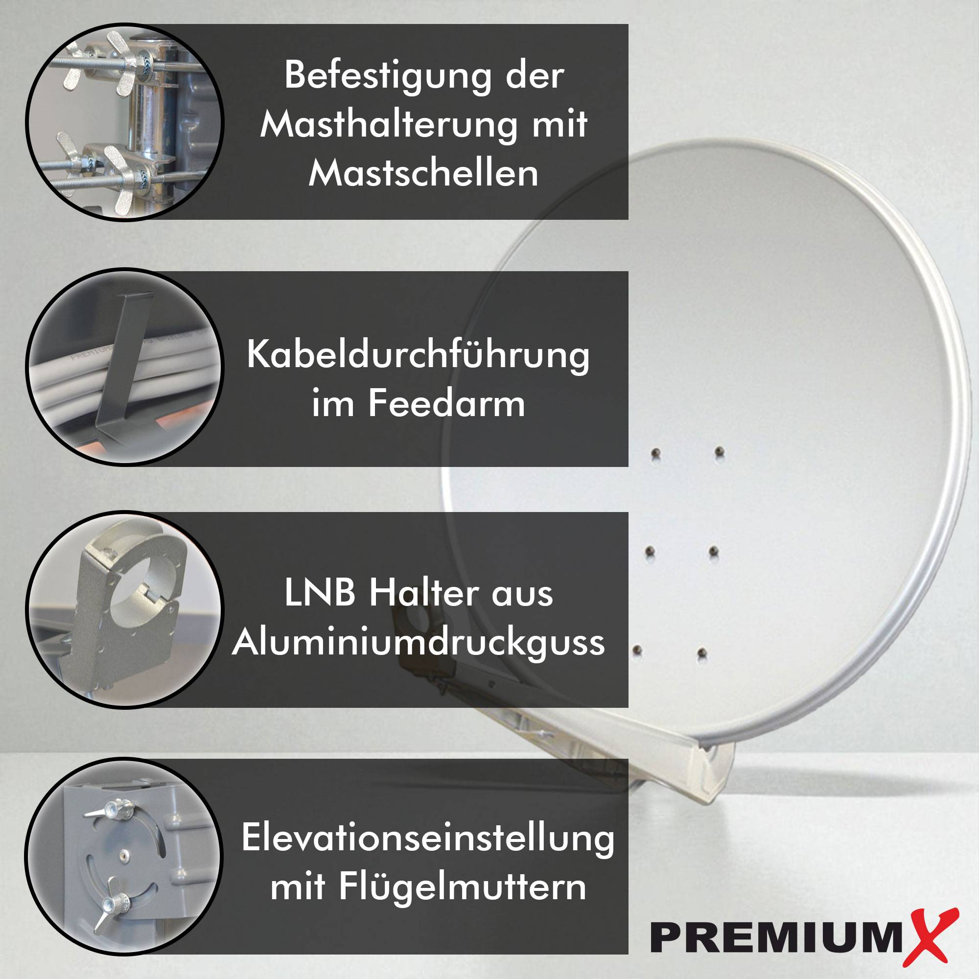 PremiumX DELUXE100 Satellitenantenne 100 cm Aluminium Hellgrau + Twin LNB PXT-SEW 0,1 dB Digital Sat Empfangskopf WE weiß + 4x F-Stecker