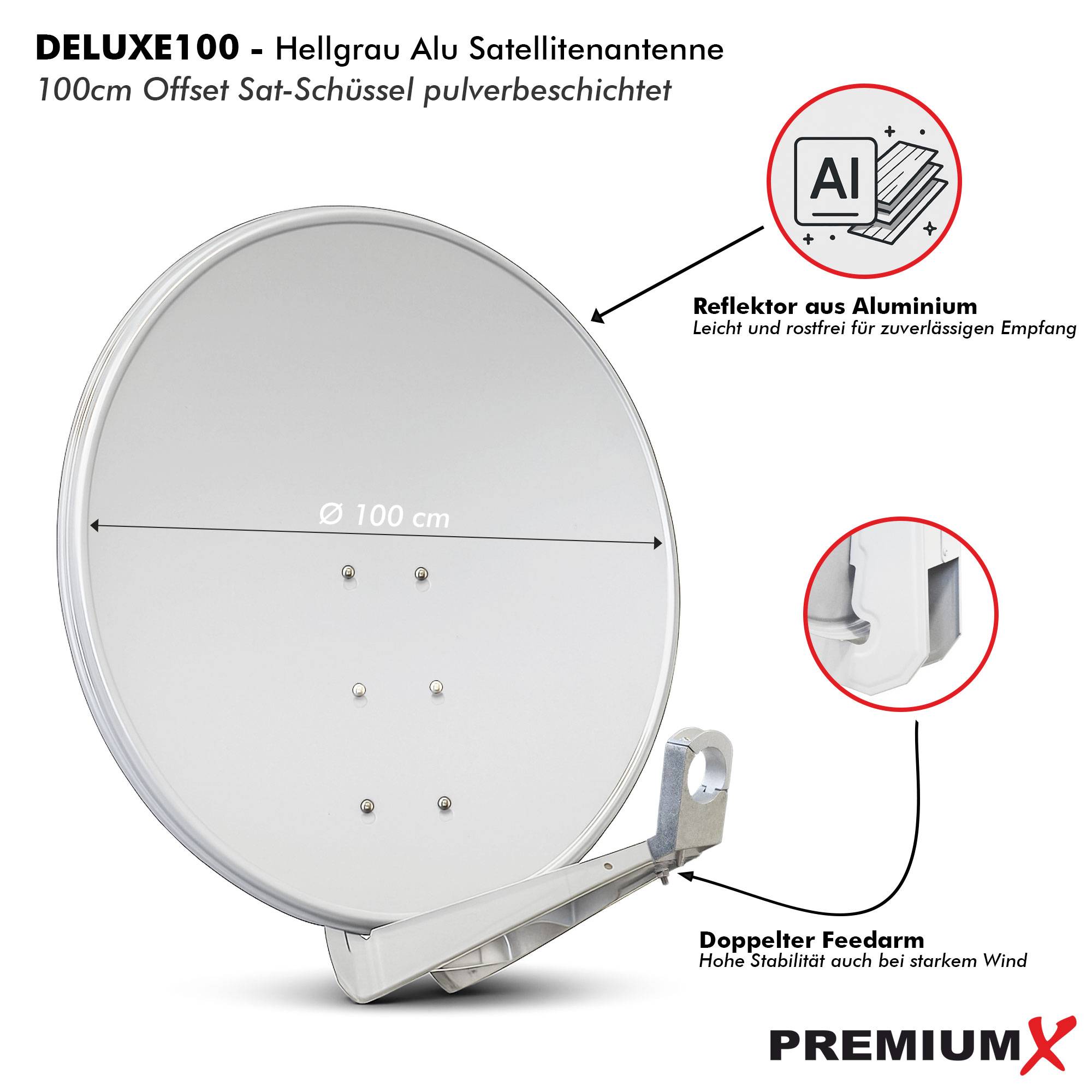PremiumX DELUXE100 Satellitenantenne 100 cm Aluminium Hellgrau + Twin LNB PXT-SEW 0,1 dB Digital Sat Empfangskopf WE weiß + 4x F-Stecker