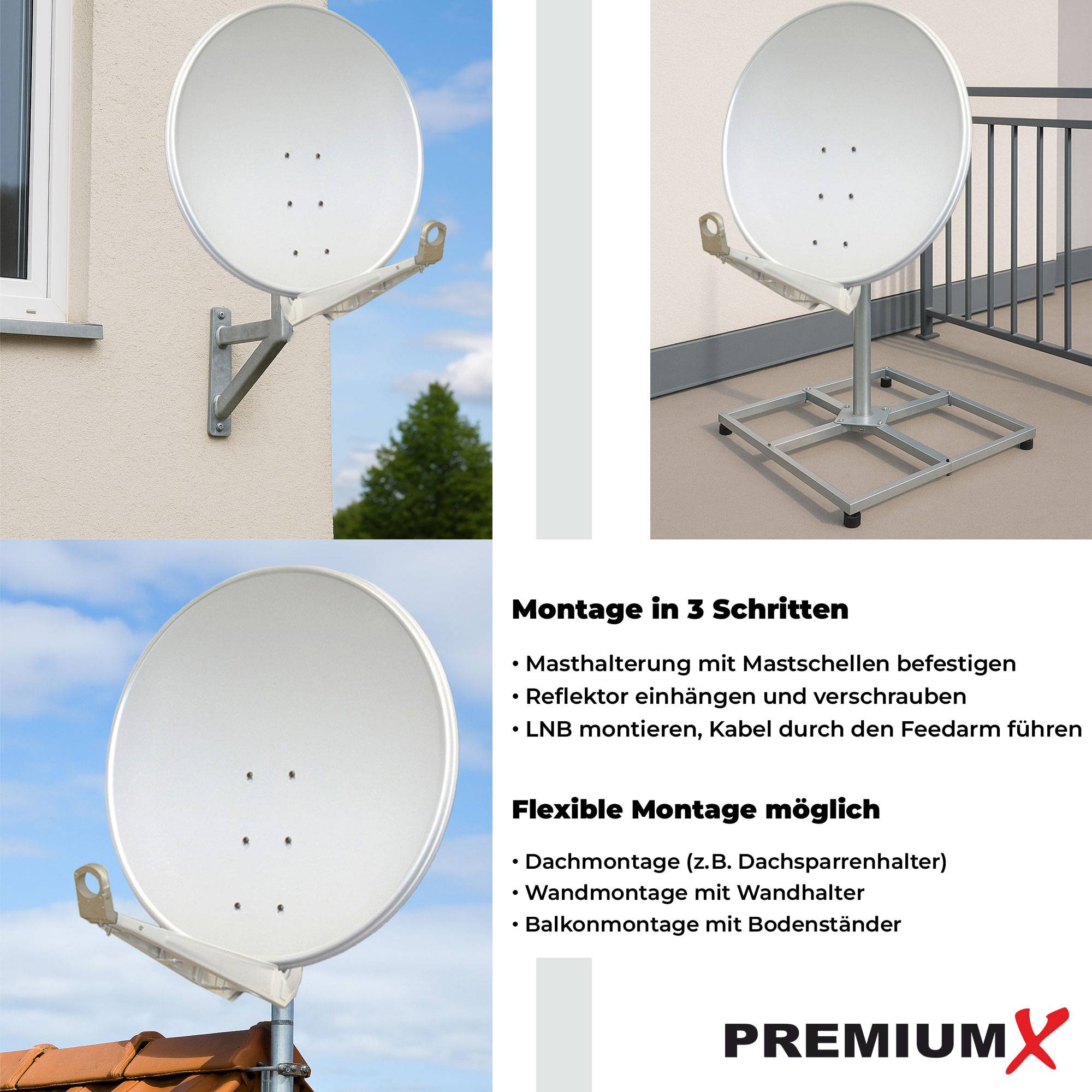 PremiumX DELUXE100 Satellitenschüssel 100cm SAT Schüssel aus Aluminium in Hellgrau Offset Satelliten-Antenne FullHD 4K UltraHD