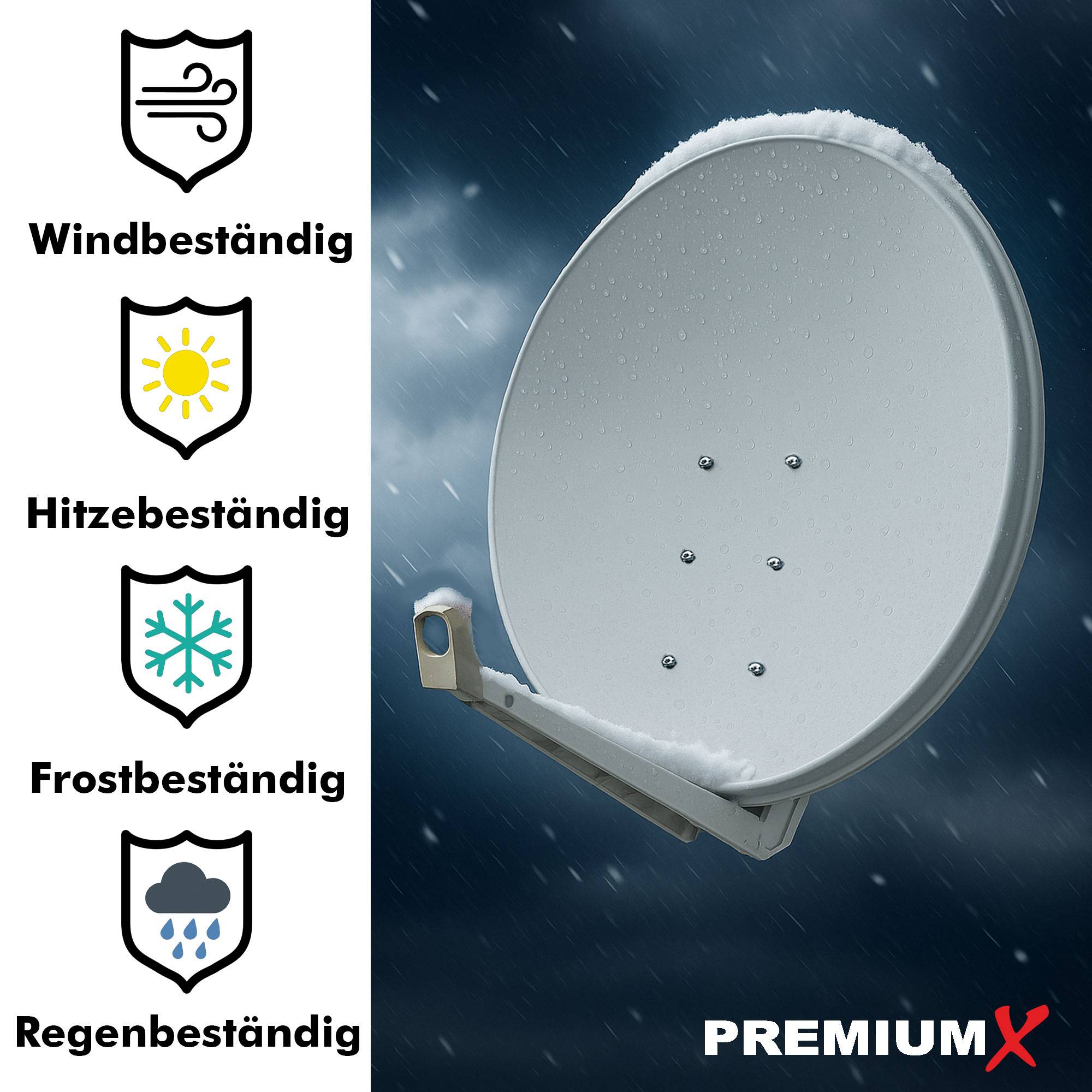 PremiumX DELUXE100 Satellitenantenne 100 cm Aluminium Hellgrau + Twin LNB PXT-SEW 0,1 dB Digital Sat Empfangskopf WE weiß + 4x F-Stecker