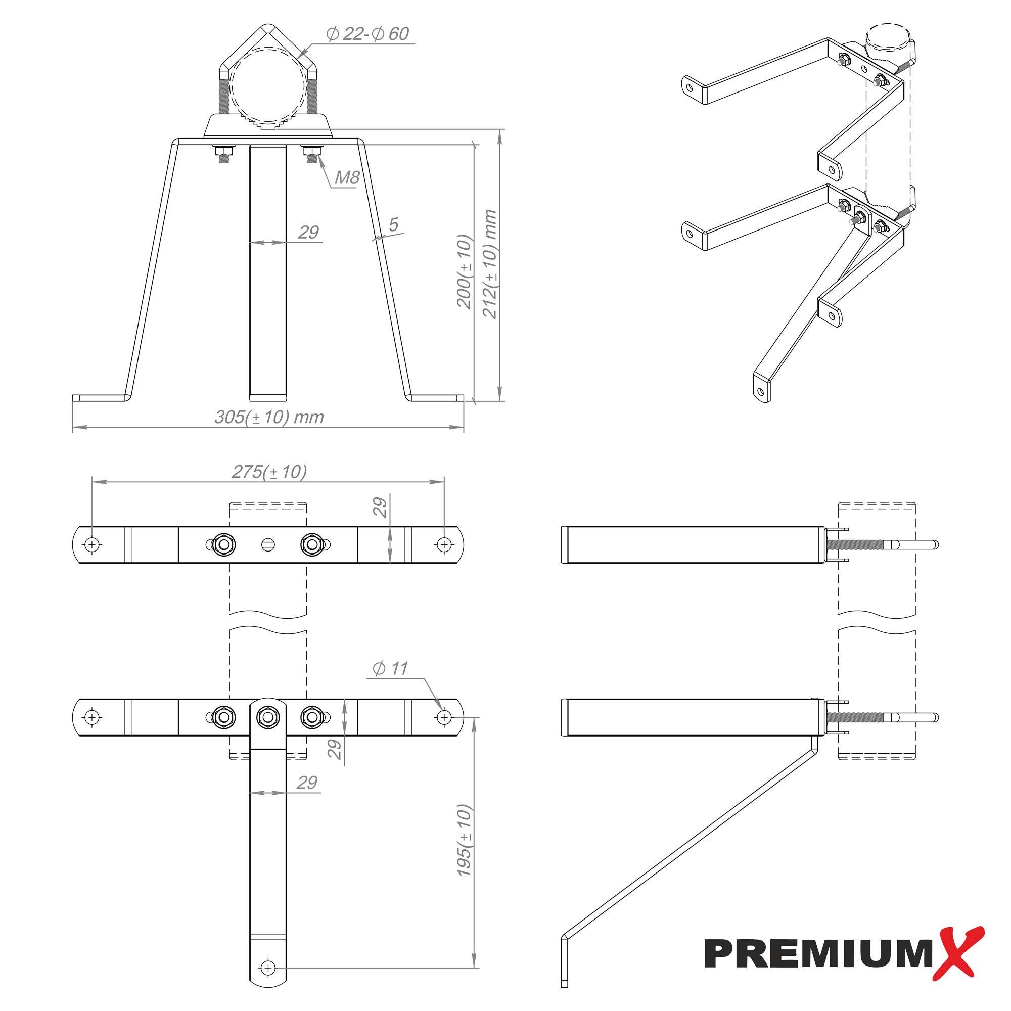 PremiumX Mauerhalter 20cm Stahl verzinkt SAT Wandabstandshalter Wandbefestigung Stangenbefestigung Masthalter Wand für Mast bis Ø 60mm Halterung Sat