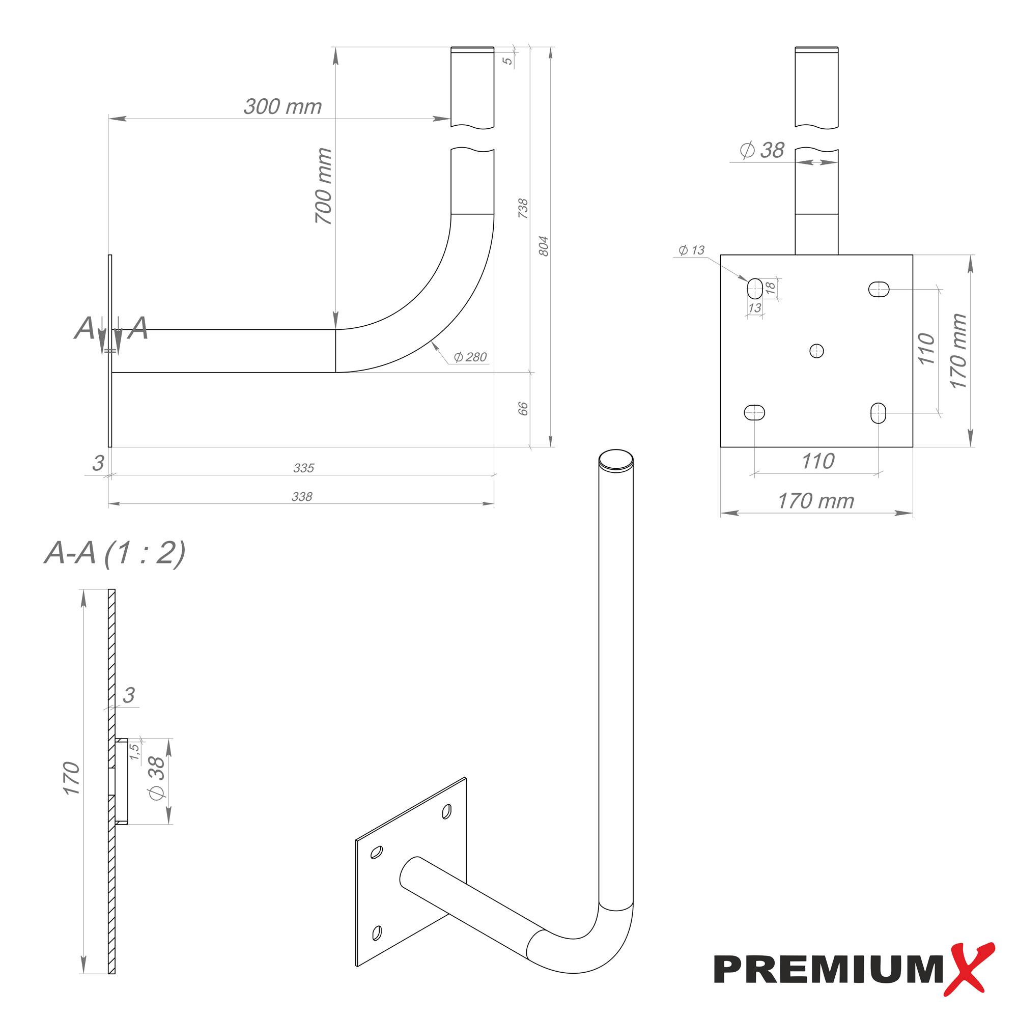 PremiumX 30cm Wandhalter 70cm Mast Stahl verzinkt Ø 38mm große Platte Wetterstation Wand-Halterung extra lang