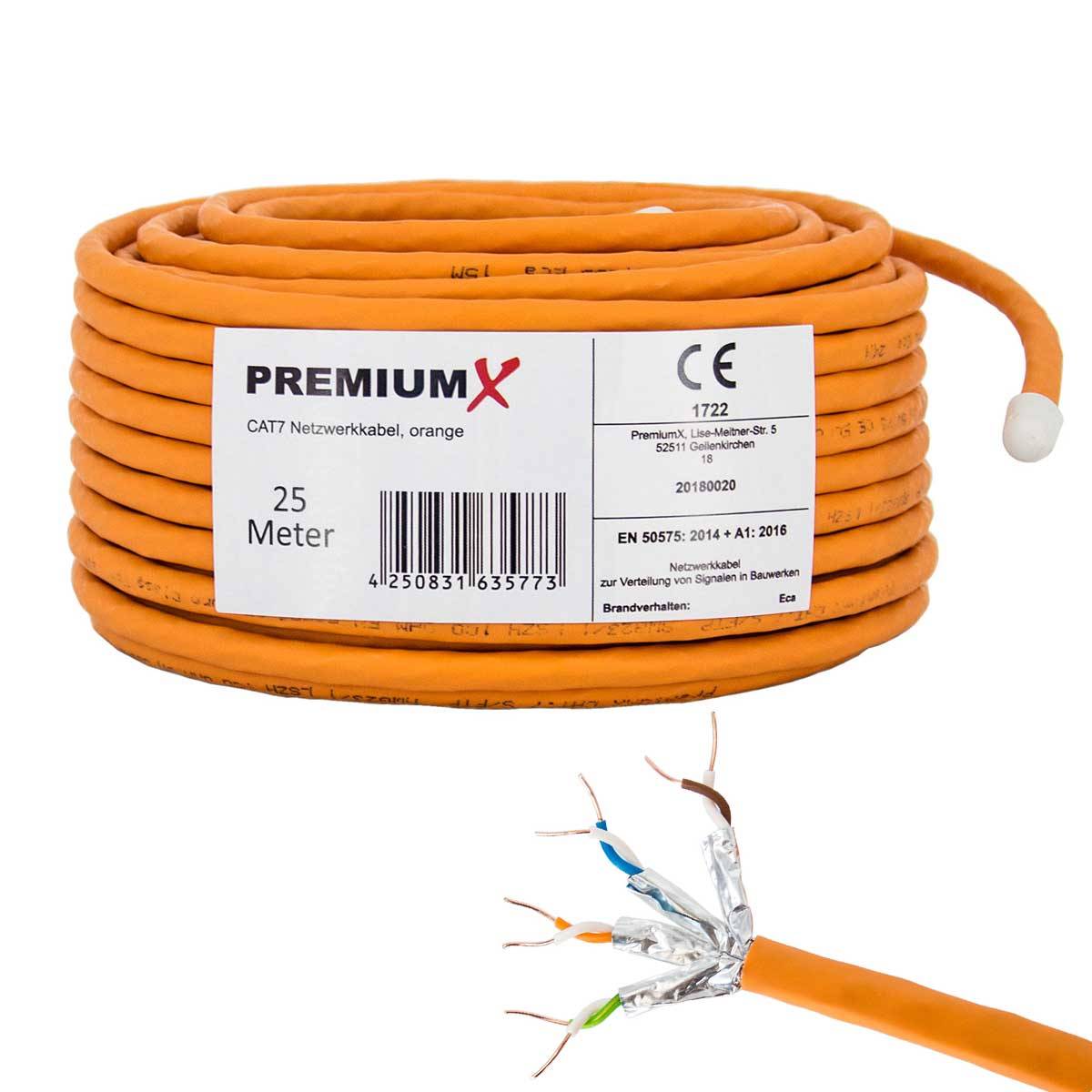 PremiumX 25m CAT 7 Netzwerkkabel Simplex LAN-Kabel Ethernet Datenkabel S/FTP PiMF PoE Eca Cat7 Verlegekabel Installationskabel Cat.7