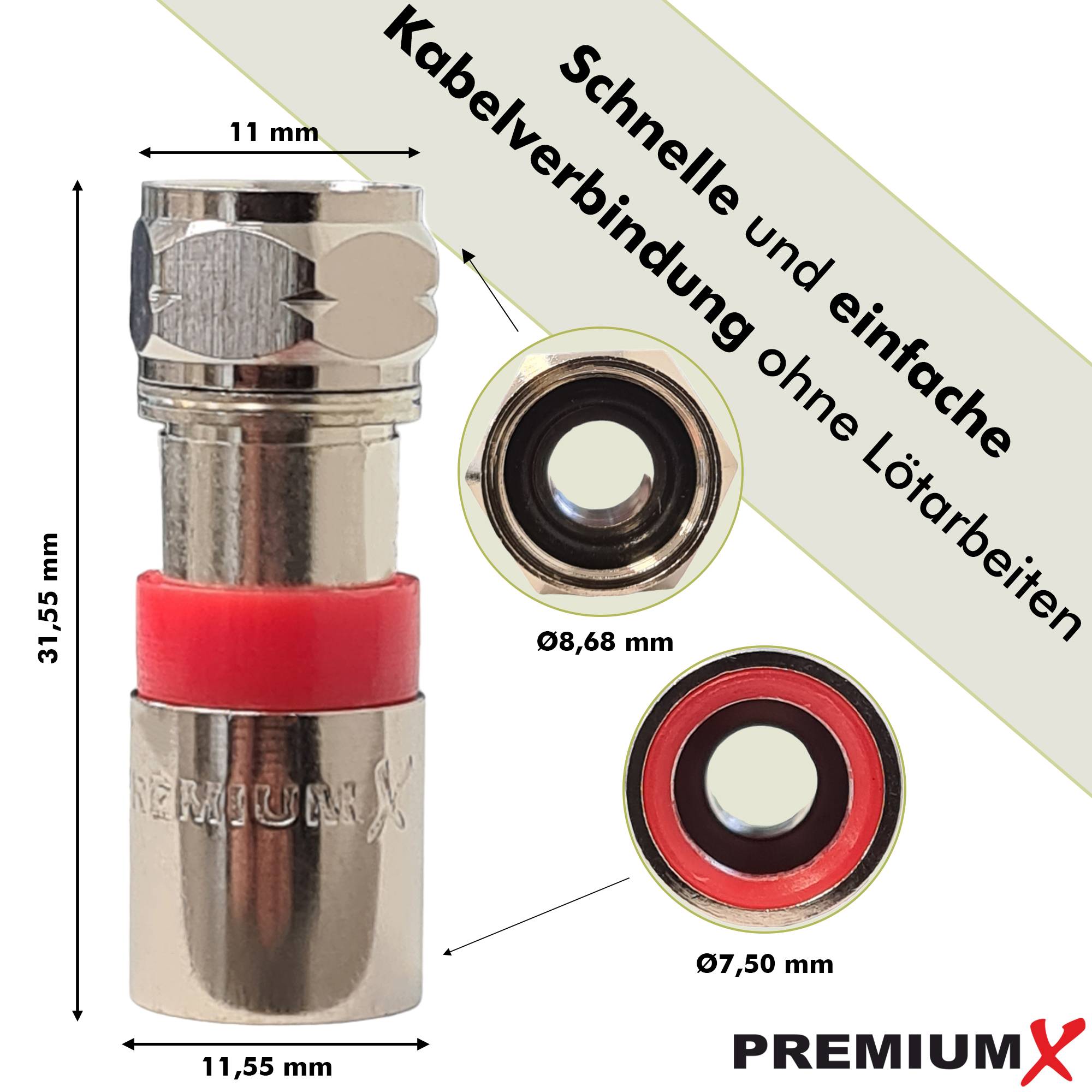 PremiumX 50x Kompressionsstecker XCon S2 F-Kompressionsstecker 7 bis 7,5mm für SAT Kabel Koaxialkabel