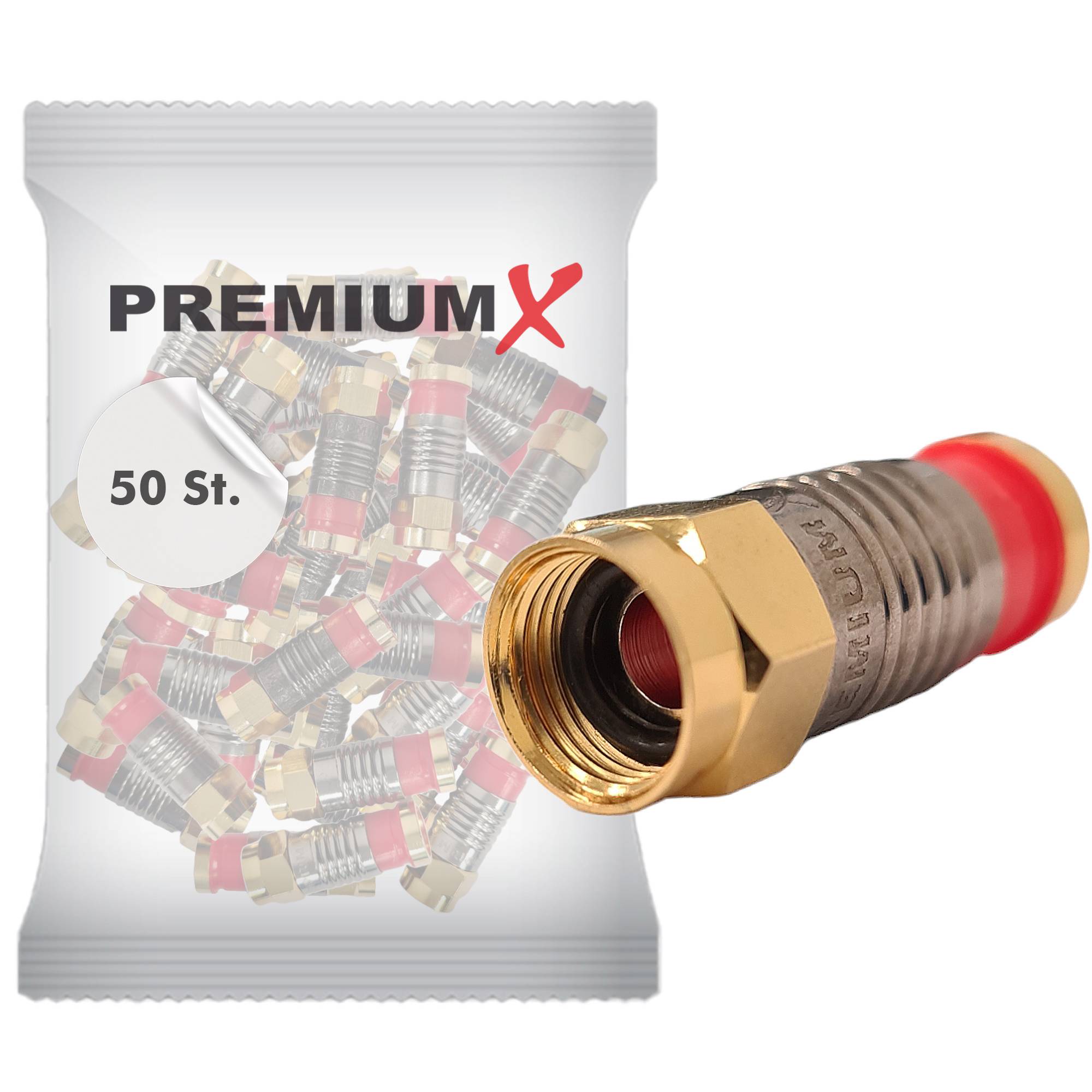 PremiumX 50x Kompressionsstecker XCon G5 F-Kompressionstecker 7 bis 7,5mm für SAT Kabel Koaxialkabel 120db 130db 135db