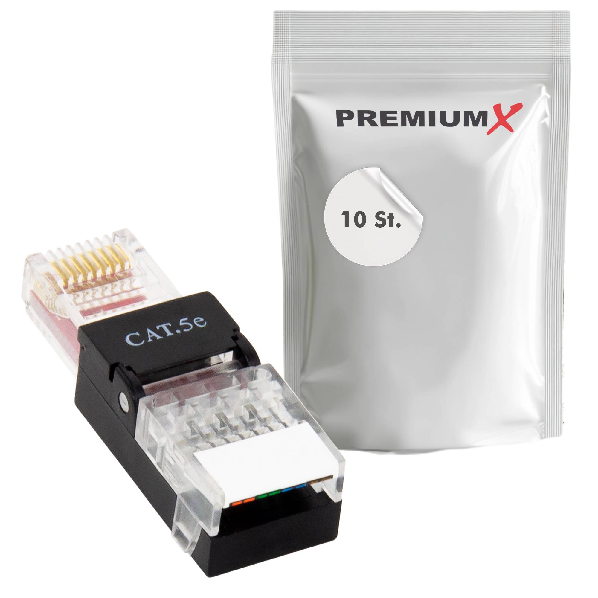 PremiumX 10x Netzwerkstecker ungeschirmt RJ45 CAT5e Adapter Kupplung für Verlegekabel CAT5 und CAT6 AWG 24 bis 26 Innenleiter LAN Stecker