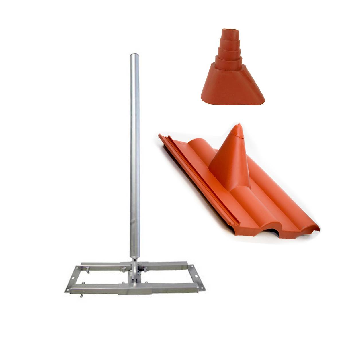 SkyRevolt Aufsparrenhalter Set 1 meter Mast Stahl Dach-Sparren-Halterung für SAT-Antenne Frankfurter Pfanne Dachabdeckung Manschette rot