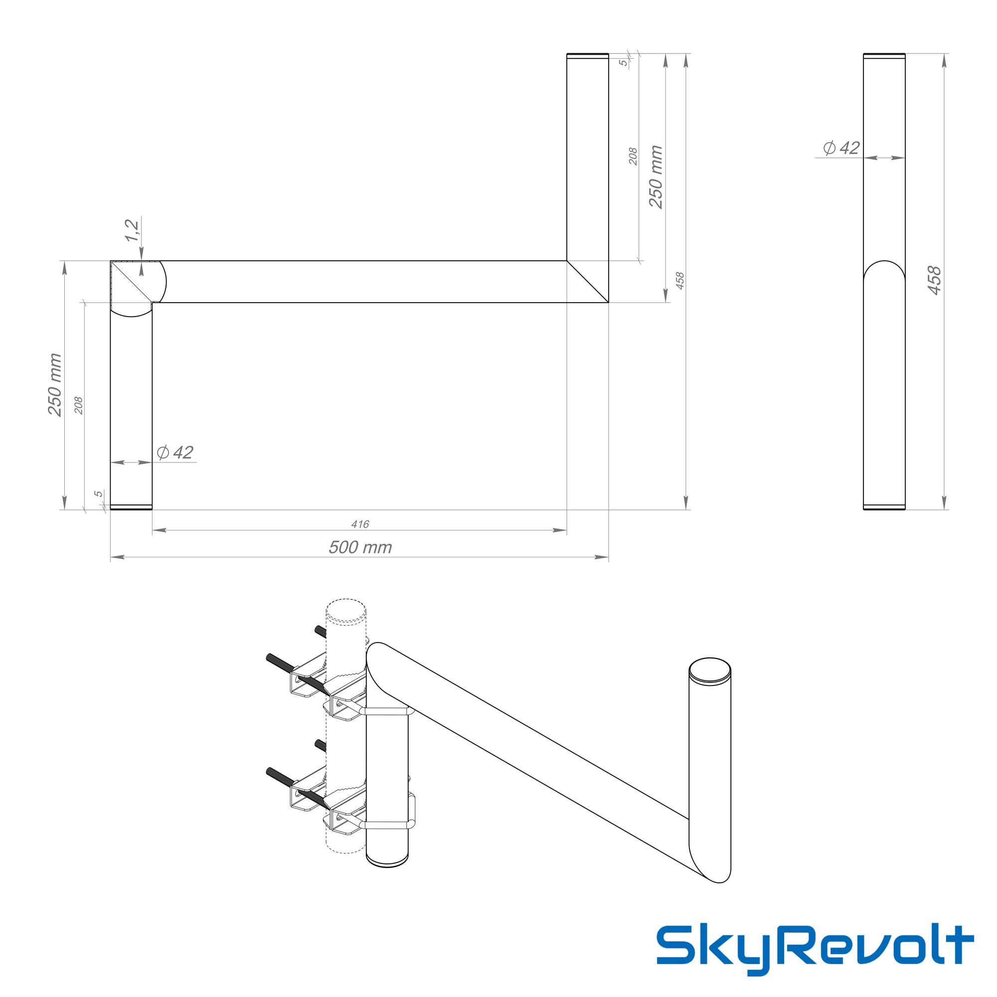 SkyRevolt Z-Ausleger 50cm Rohr 42mm mit Zahnschellen Geländer-Ausleger SAT-Antenne Mast-Ausleger Z-Halterung für Satelliten-Schüssel Stahl verzinkt