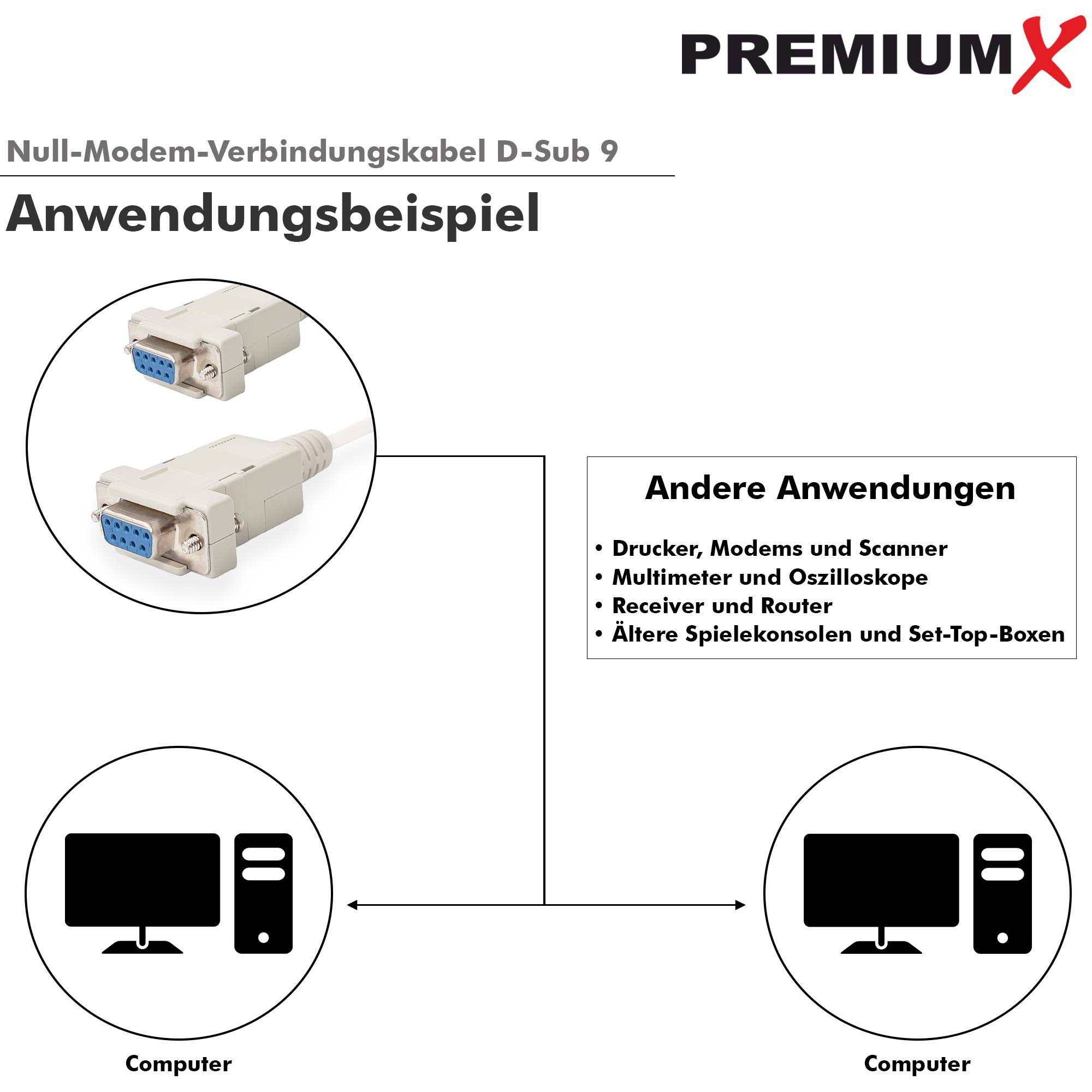 PremiumX 10x Nullmodem Kabel 9-polig 2m - Null Modem Kabel RS232 für Receiver Software-Update und Datentransfer zwischen PC - D-Sub 9 Buchse zu
