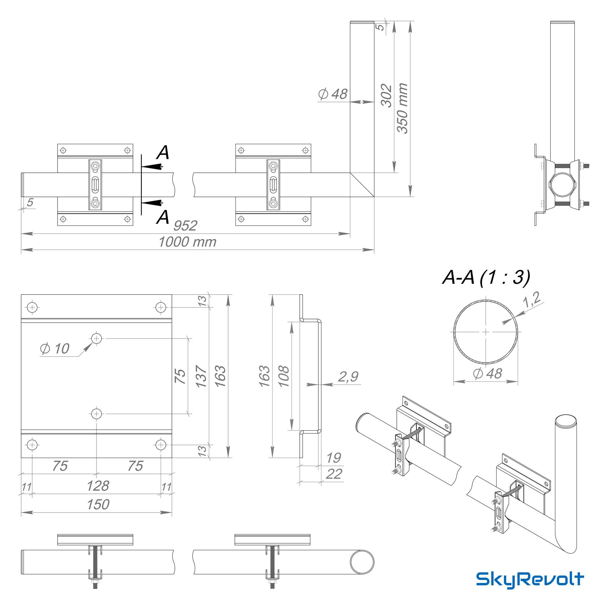 SkyRevolt SAT Halterung Wandausleger 100cm aus Stahl verzinkt Wandhalter Rohr für Satellitenschüssel