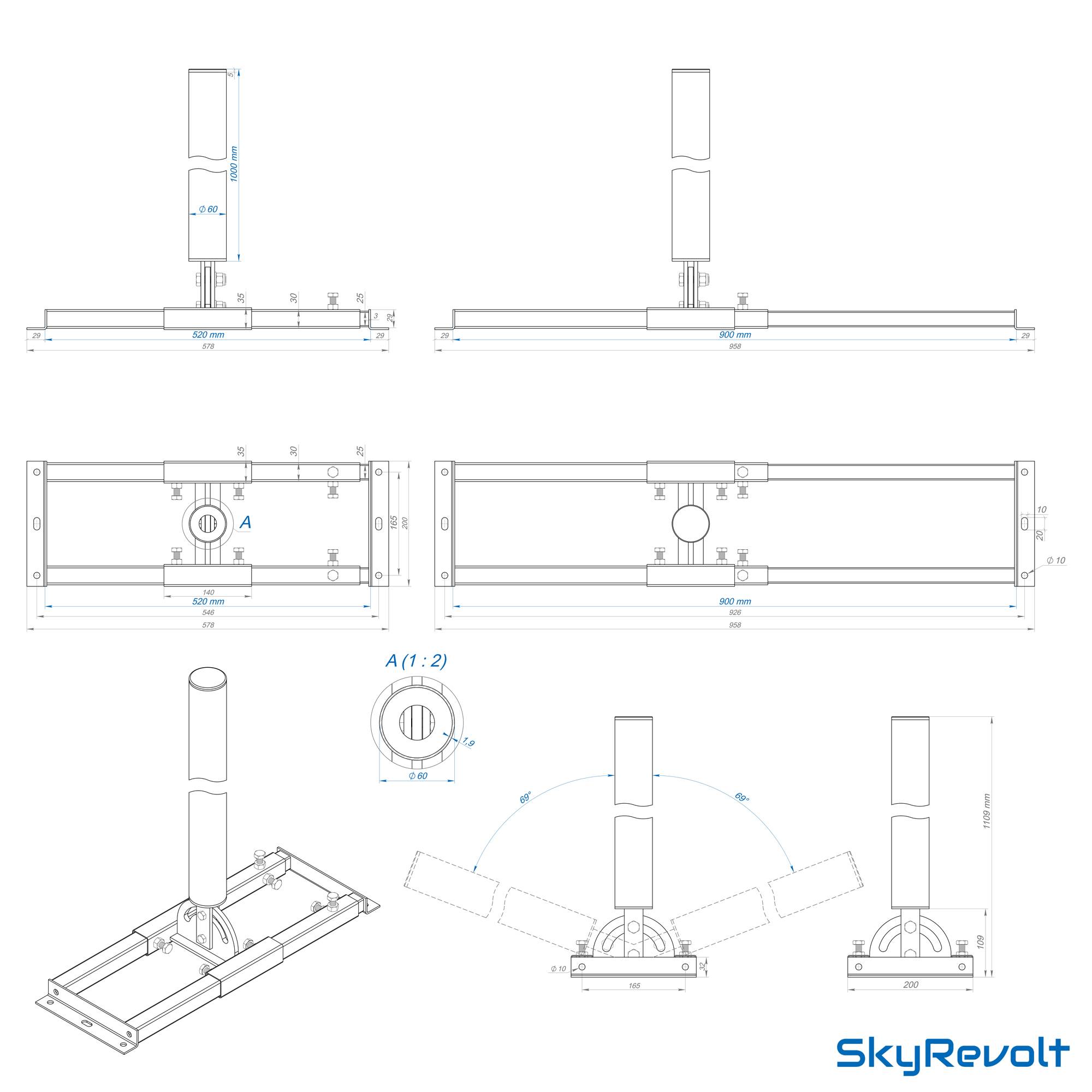 SkyRevolt Aufsparrenhalter 100cm Mast Ø 60mm Stahl feuerverzinkt ausziehbar 52-90cm Dach-Sparren-Halterung für Satellitenschüssel
