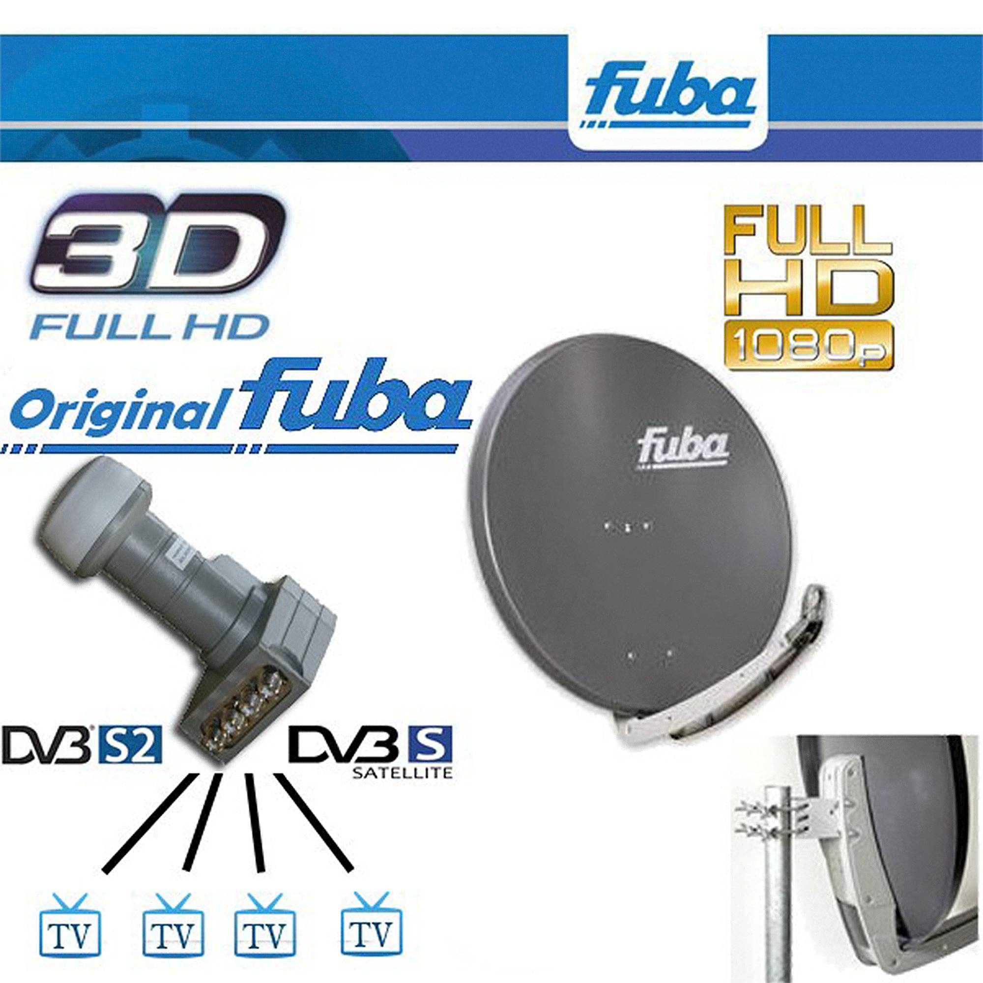 Fuba Antenne 74x84 cm Alu Anthrazit DAA 780 A DEK 417 Quad LNB Quattro-Switch FuLLHD
