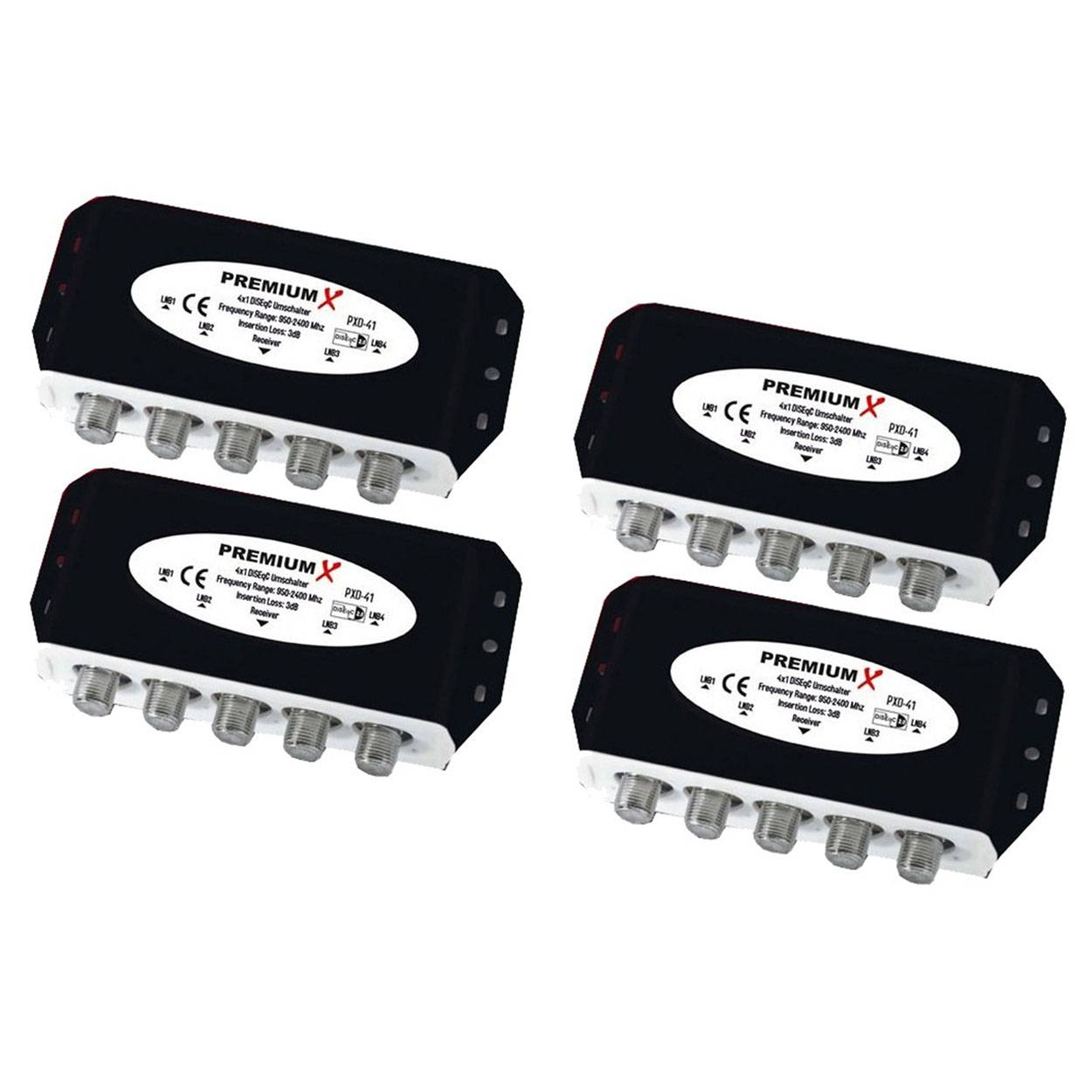 4x PremiumX PXD-41 DiSEqC Schalter 4/1 Umschalter 2.0 Switch Diseq C Wetterschutzgehäuse Satellitenweiche SAT TV Switch Verteiler Splitter