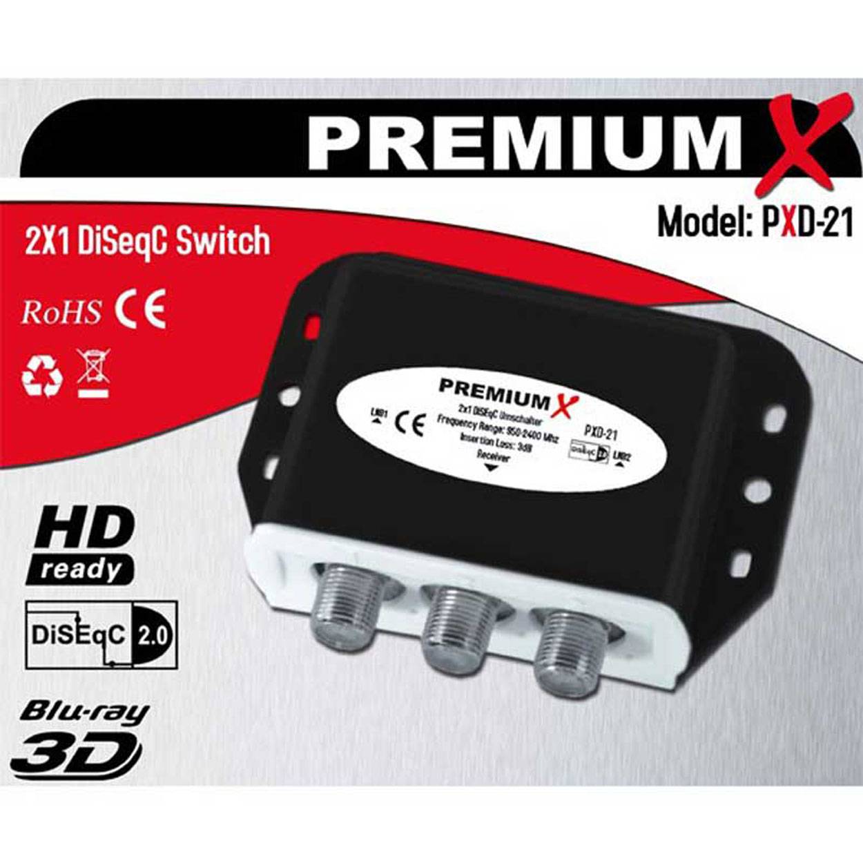 2x PremiumX PXD-21 DiSEqC Schalter 2/1 SAT Umschalter 2.0 Switch Diseq C mit Wetterschutzgehäuse DVB-S/ DVB_S2 SAT Satellitenweiche TV Switch