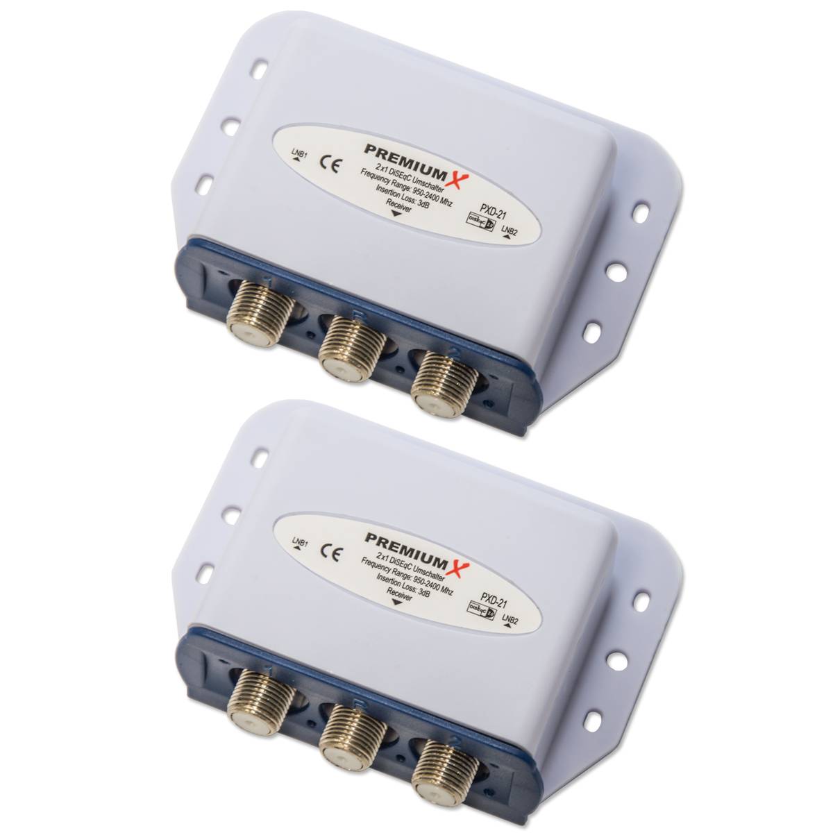 2x PremiumX PXD-21 DiSEqC Schalter 2/1 SAT Umschalter 2.0 Switch Diseq C mit Wetterschutzgehäuse DVB-S/ DVB_S2 SAT Satellitenweiche TV Switch