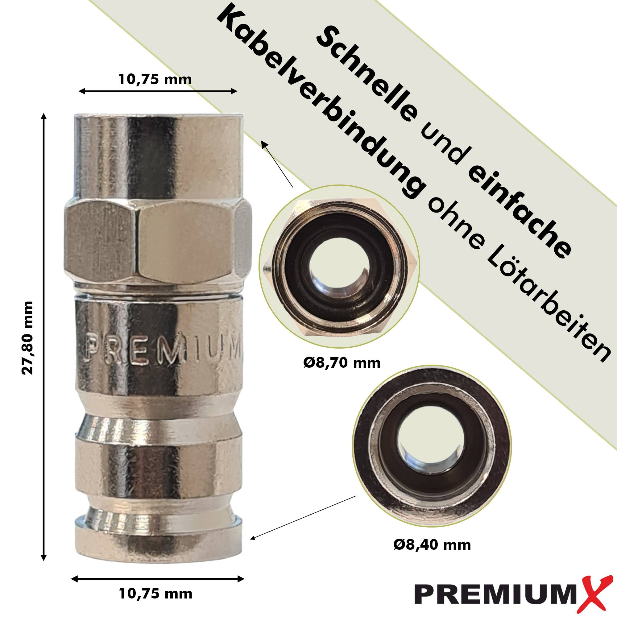 PremiumX 100x Kompressionsstecker XCon S6 F-Kompressionsstecker 7 bis 7,5mm für SAT Kabel Koaxialkabel