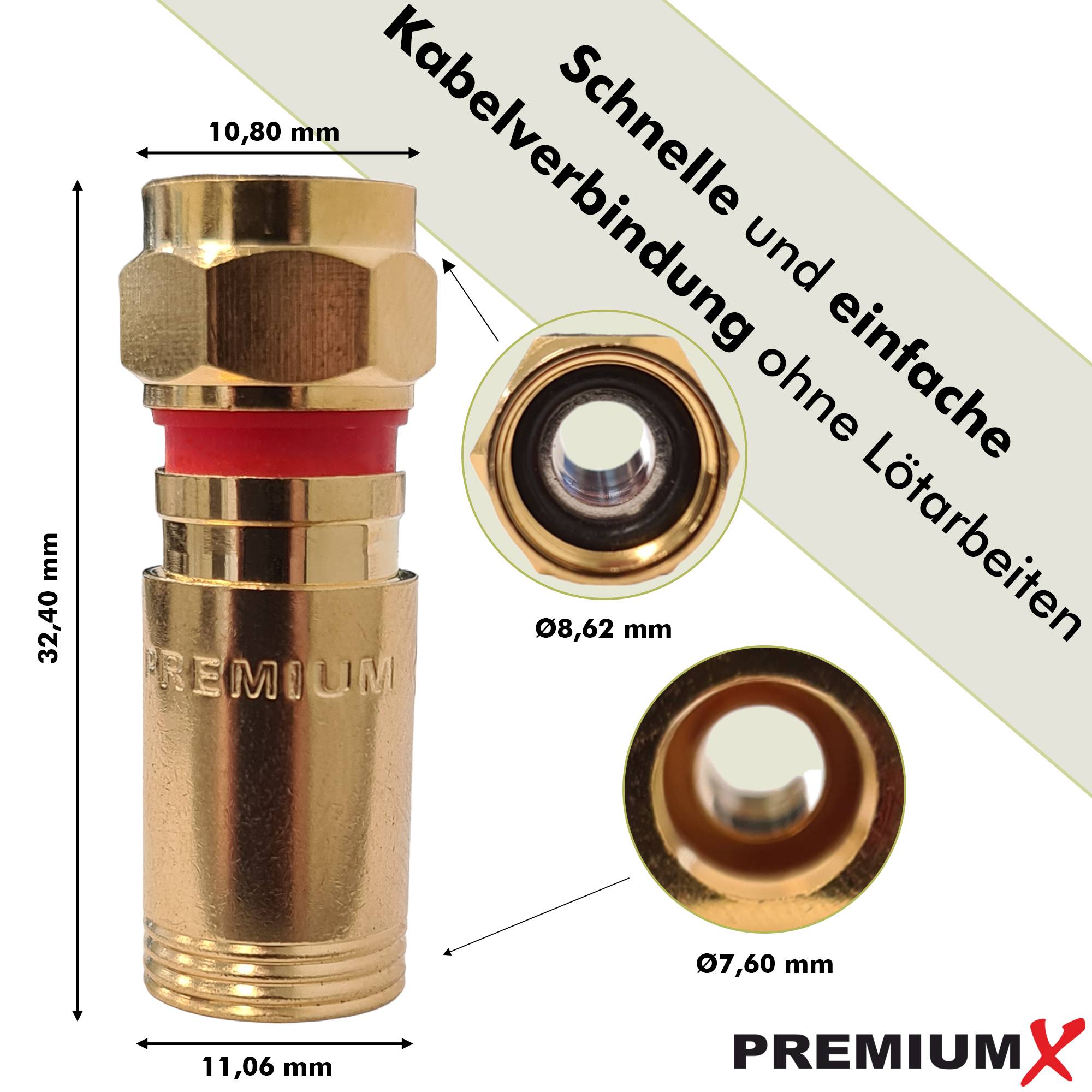 PremiumX 10x Kompressionsstecker XCon G4 F-Kompressionsstecker 7 bis 7,5mm für SAT Kabel Koaxialkabel