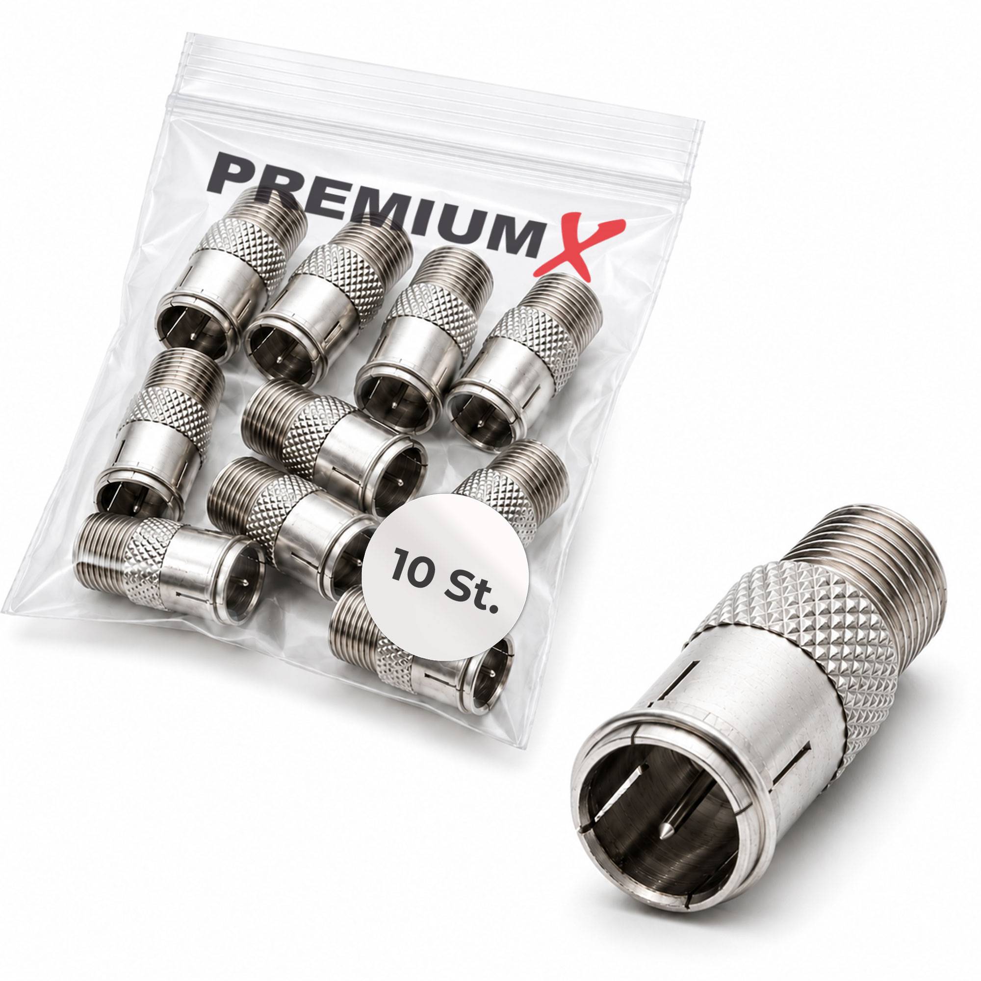 Paket mit 10 silbernen koaxialen Steckverbindern mit der Bezeichnung „PREMIUM X