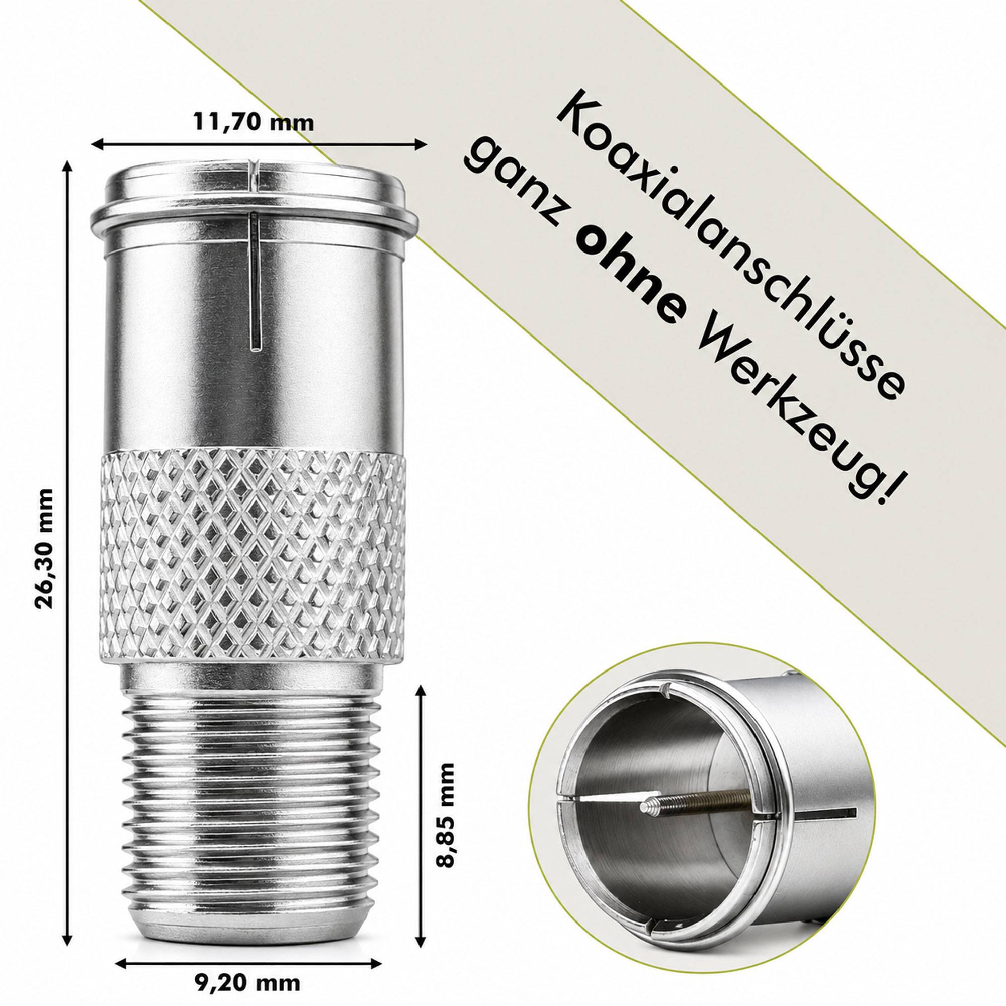 Produktgrafik eines Metall-Koaxialsteckers mit beschrifteten Abmessungen: 26,30 mm Höhe, 11,70 mm Breite oben, 9,20 mm Breite unten, 8,85 mm Gewindlänge und Text „Koaxialanschlüsse ganz ohne Werkzeug!!