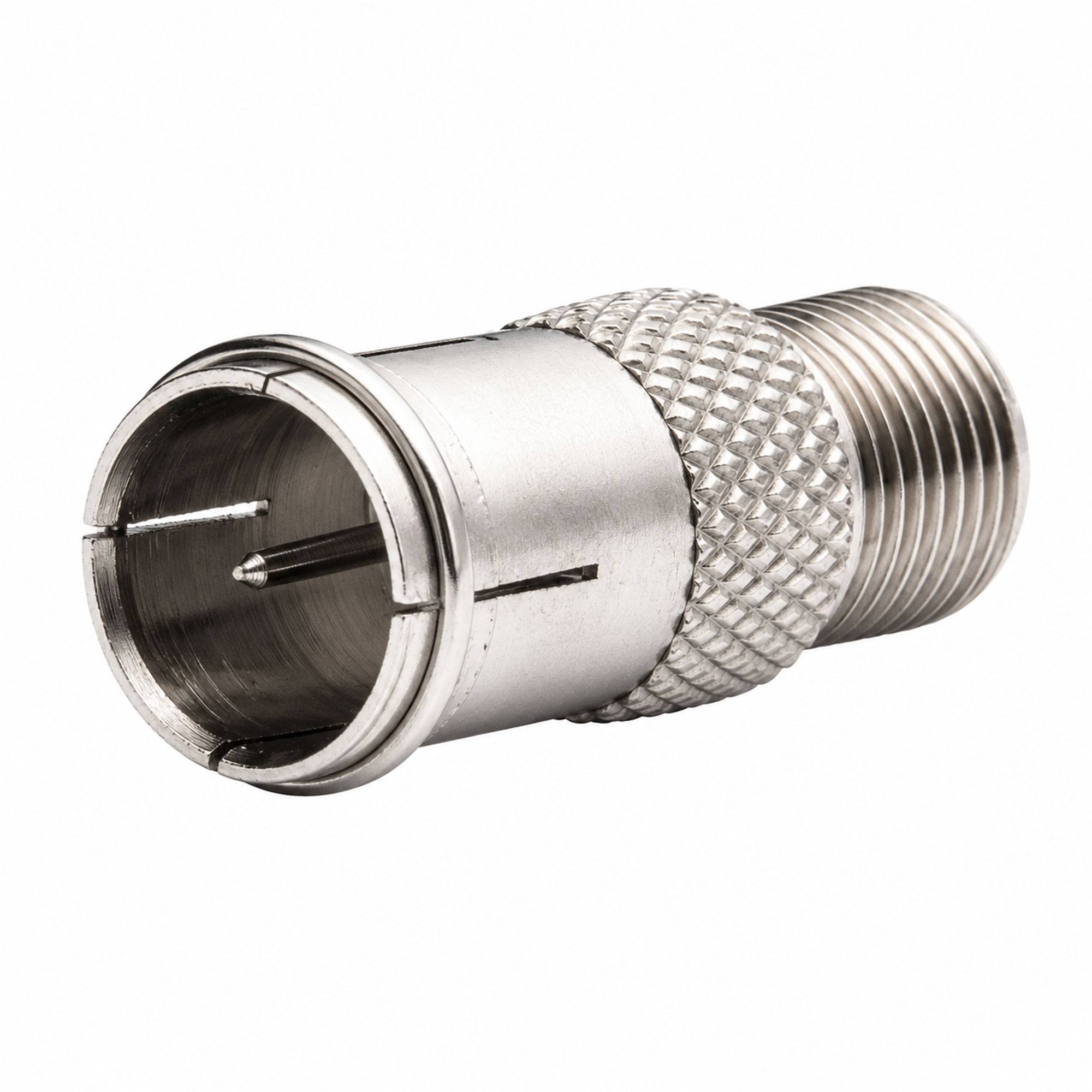 Metall-Koaxialkabelstecker-Adapter mit Gewindelauf, auf weißem Hintergrund dargestellt.