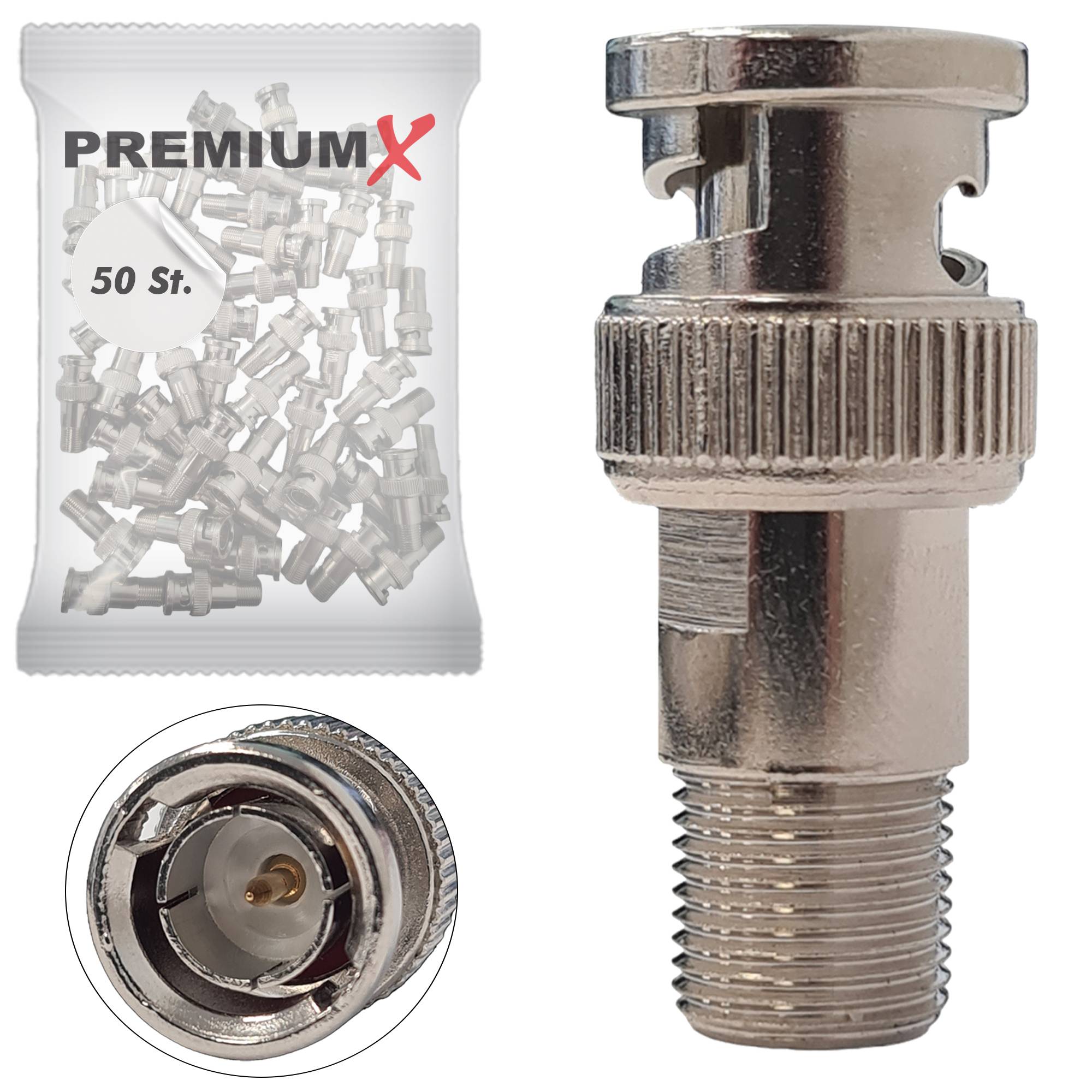 Premium X 50x BNC Stecker zu F-Buchse Adapter Koaxialadapter F zu BNC Anschluss RG6 RG59 für Kamera DVR