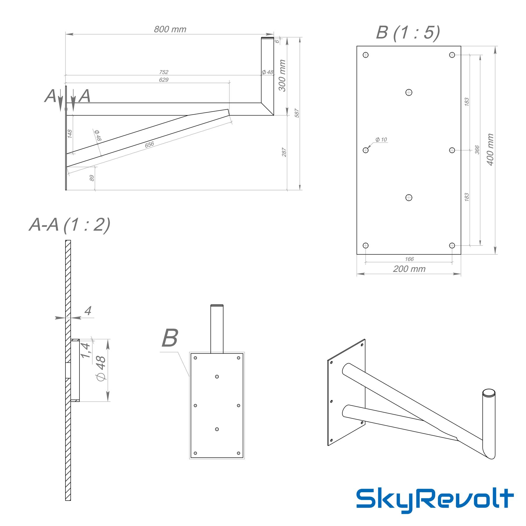 SkyRevolt 80cm Ø 48mm Wandhalter Stahl verzinkt SAT-Halterung mit Stützelement Wand Halterung für Satellitenschüssel