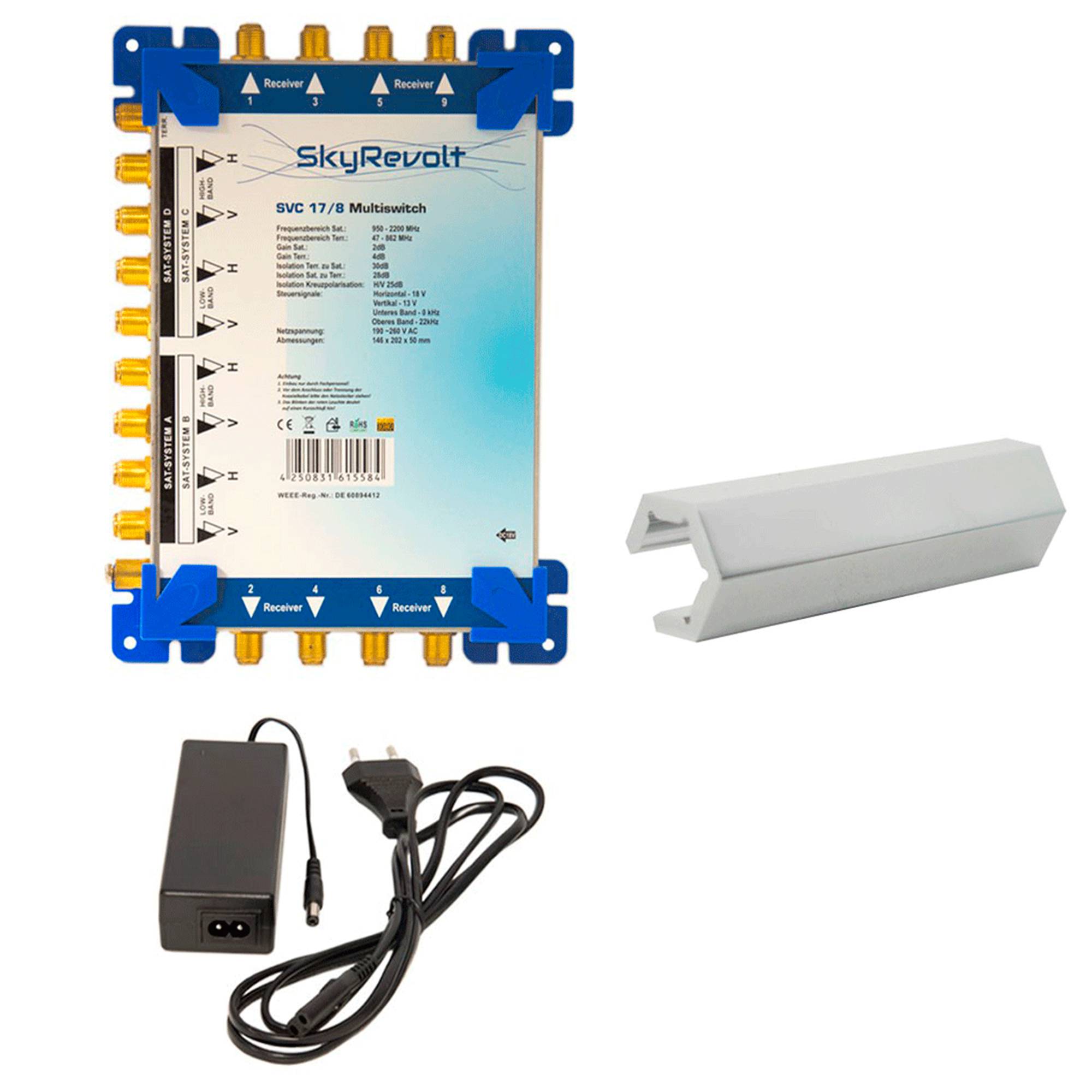 SkyRevolt SVC 17/8 Multiswitch externes Netzteil Multischalter 4 SAT für 8 Anschlüsse Satverteiler Aufdrehhilfe für F-Stecker