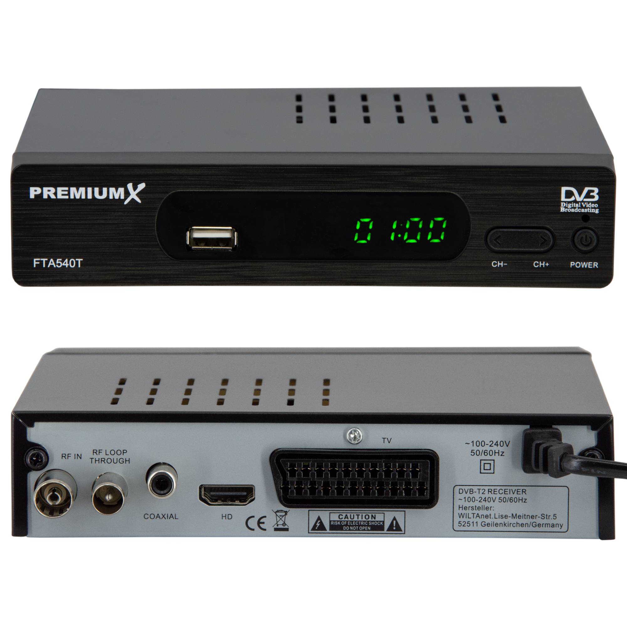 PremiumX FTA 540T FullHD Digitaler DVB-T2 terrestrischer TV Receiver H.265 HEVC USB 2.0 Mediaplayer SCART HDMI Auto Installation