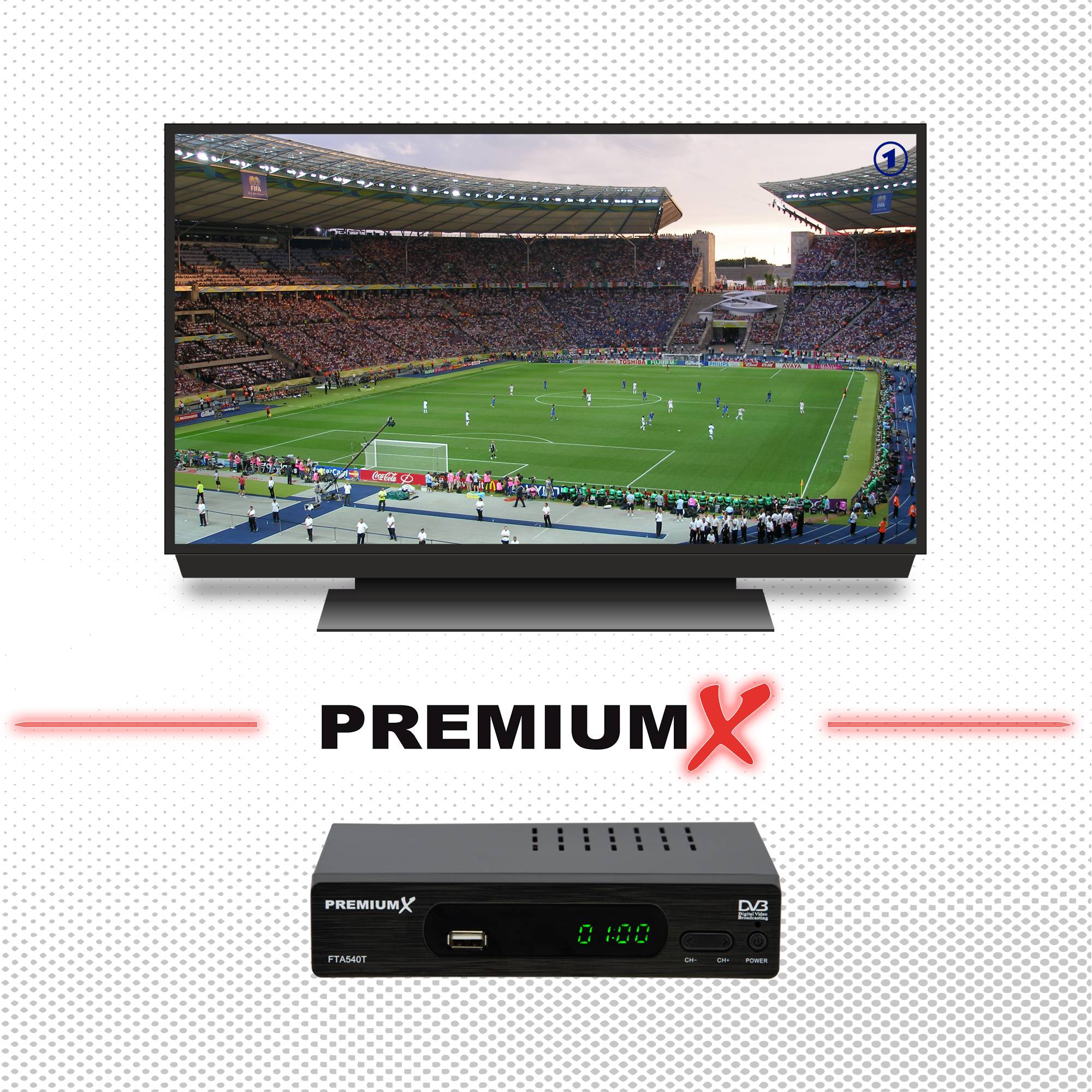 PremiumX FTA 540T FullHD Digitaler DVB-T2 terrestrischer TV Receiver H.265 HEVC USB 2.0 Mediaplayer SCART HDMI Auto Installation