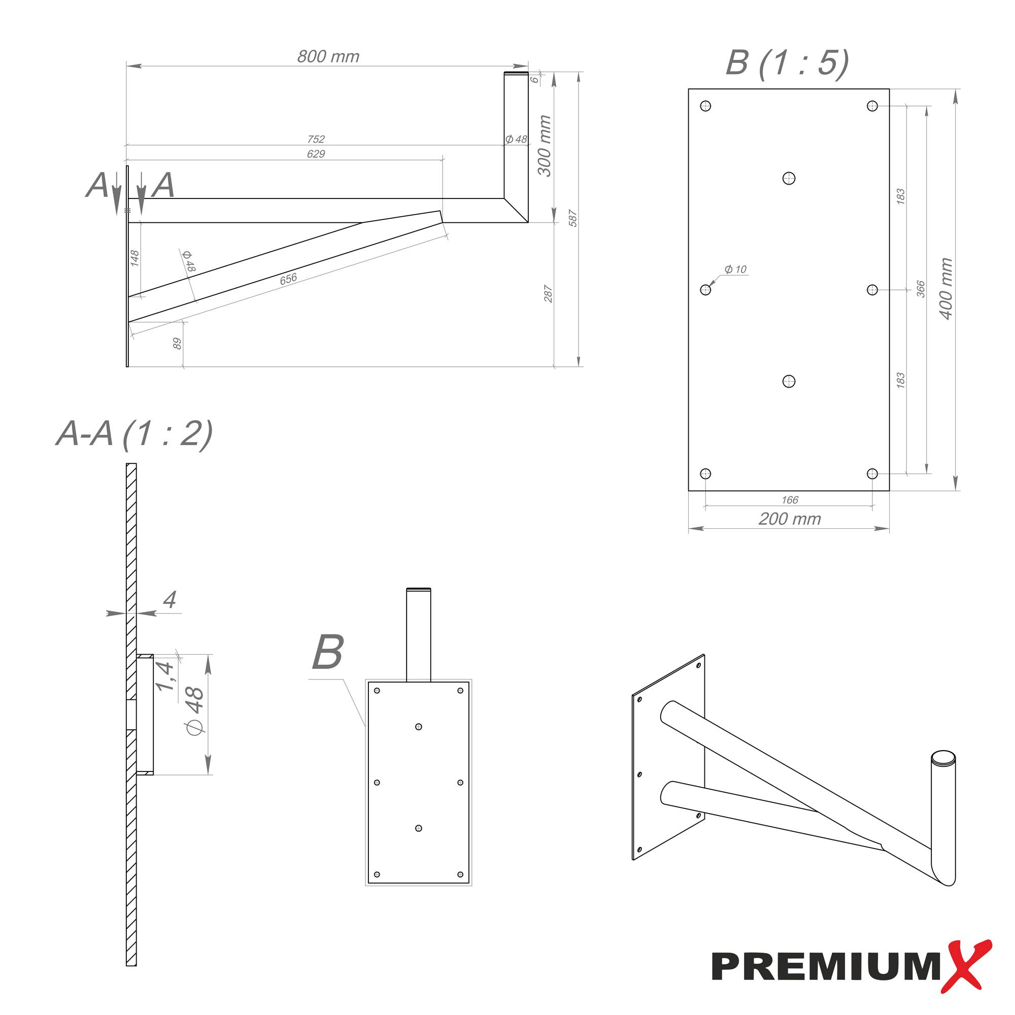 PremiumX 80cm Wandhalter mit Stützelement Stahl verzinkt Ø 48mm Winkel Wand-Halterung für Satelliten-Schüssel SAT-Antenne