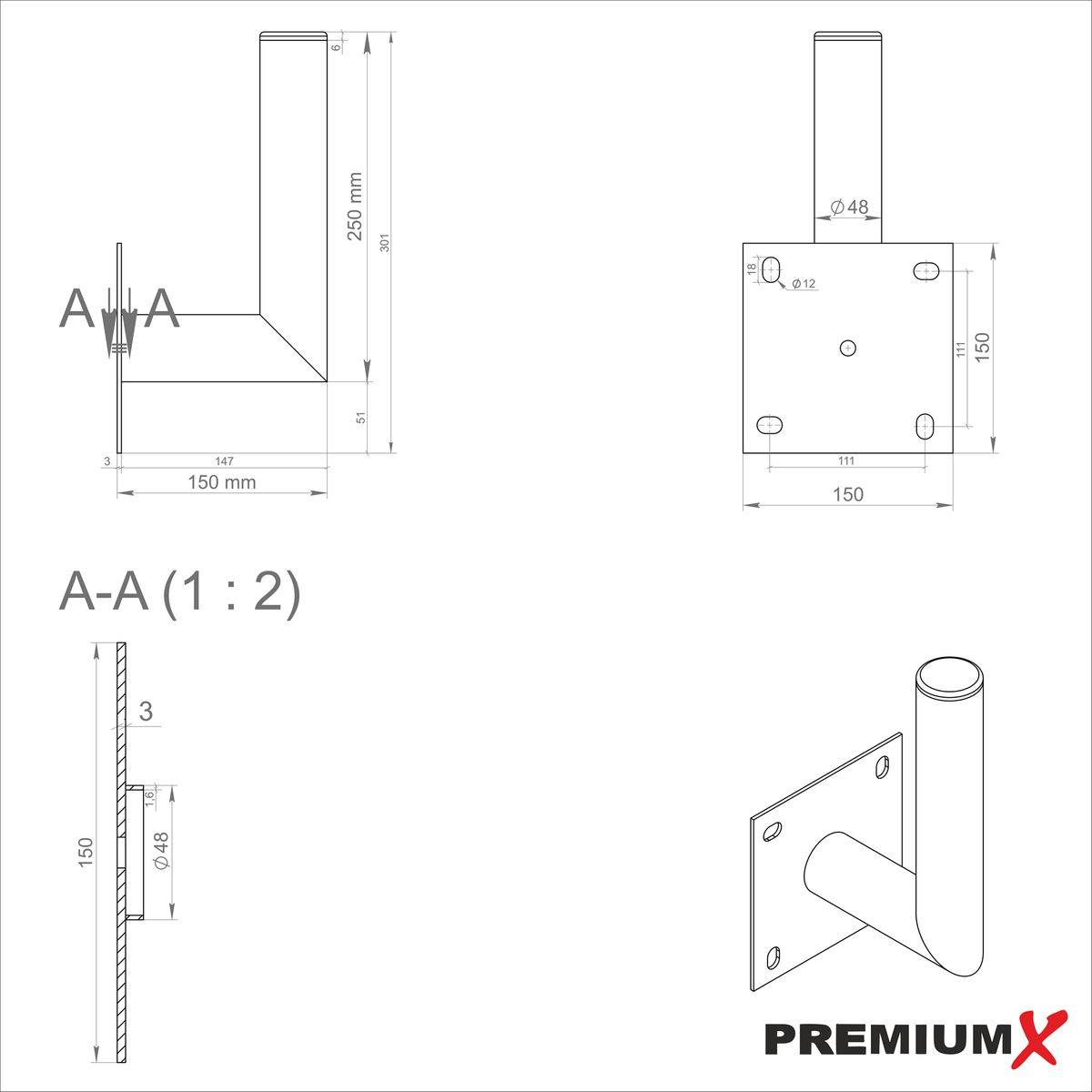 PremiumX 10-15cm Wandhalter Stahl Ø 48mm Winkel Wand-Halterung für Satelliten-Antenne SAT-Schüssel Schrauben Fischer Dübel