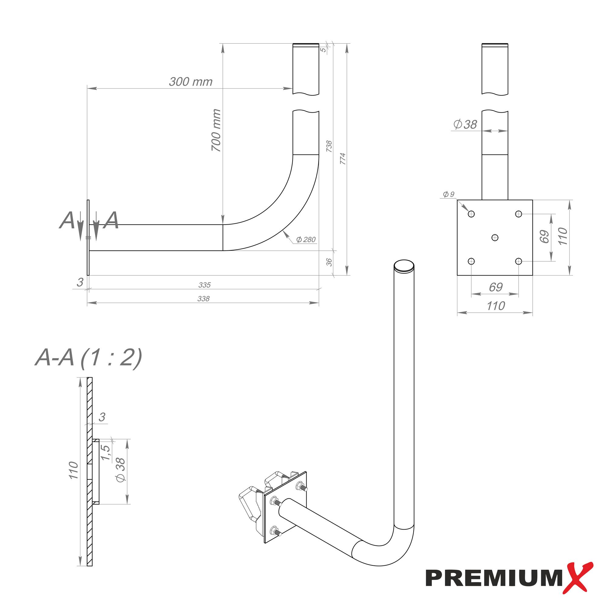 PremiumX 30cm Wandhalter 70cm Mast Stahl Ø 38mm mit Zahnschellen Wetterstation Wand-Halterung extra lang