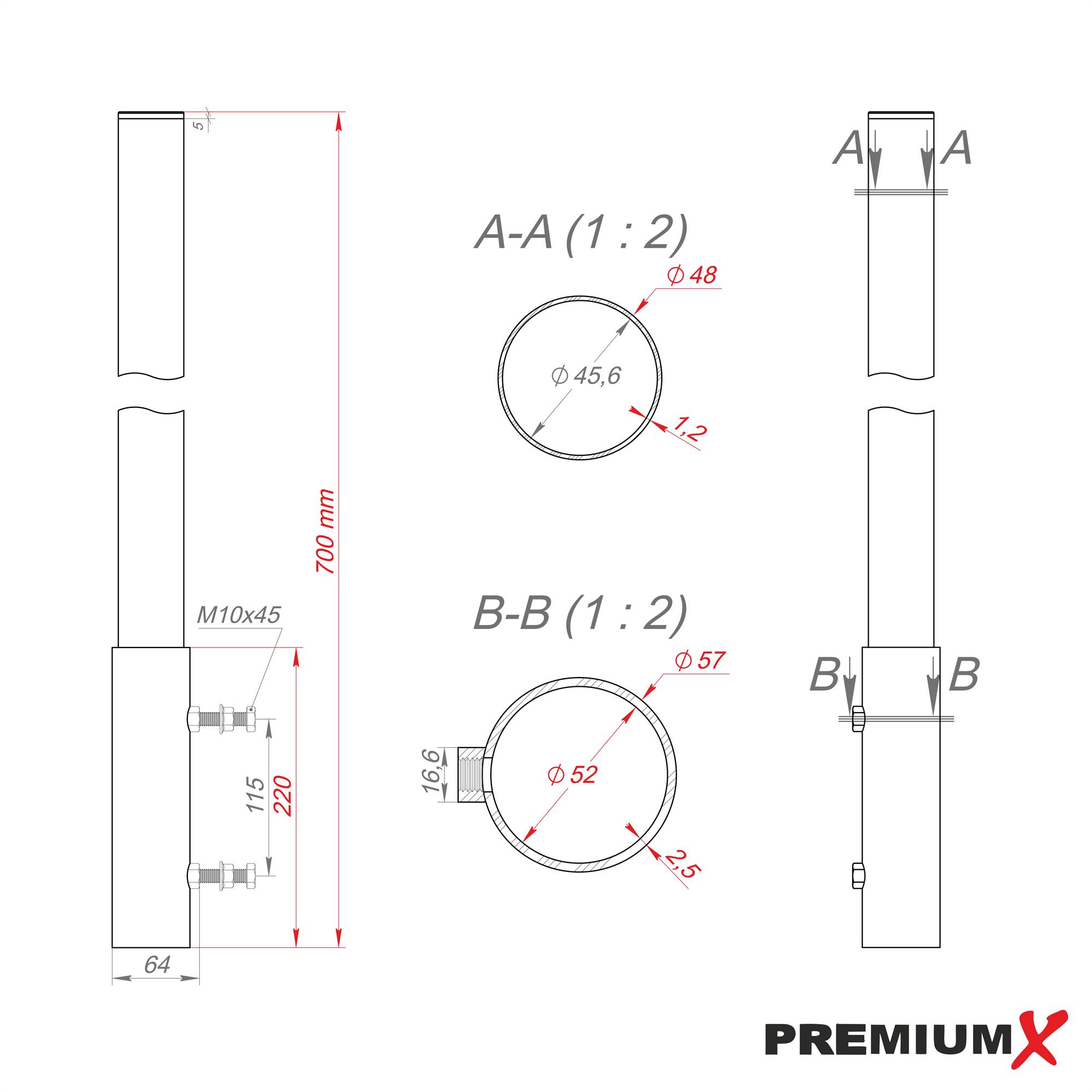 PremiumX Mastverlängerung 70cm Ø 48mm Stahl verzinkt Mastaufsatz Antennenmast-Verlängerung Halterung für Satelliten-Schüssel