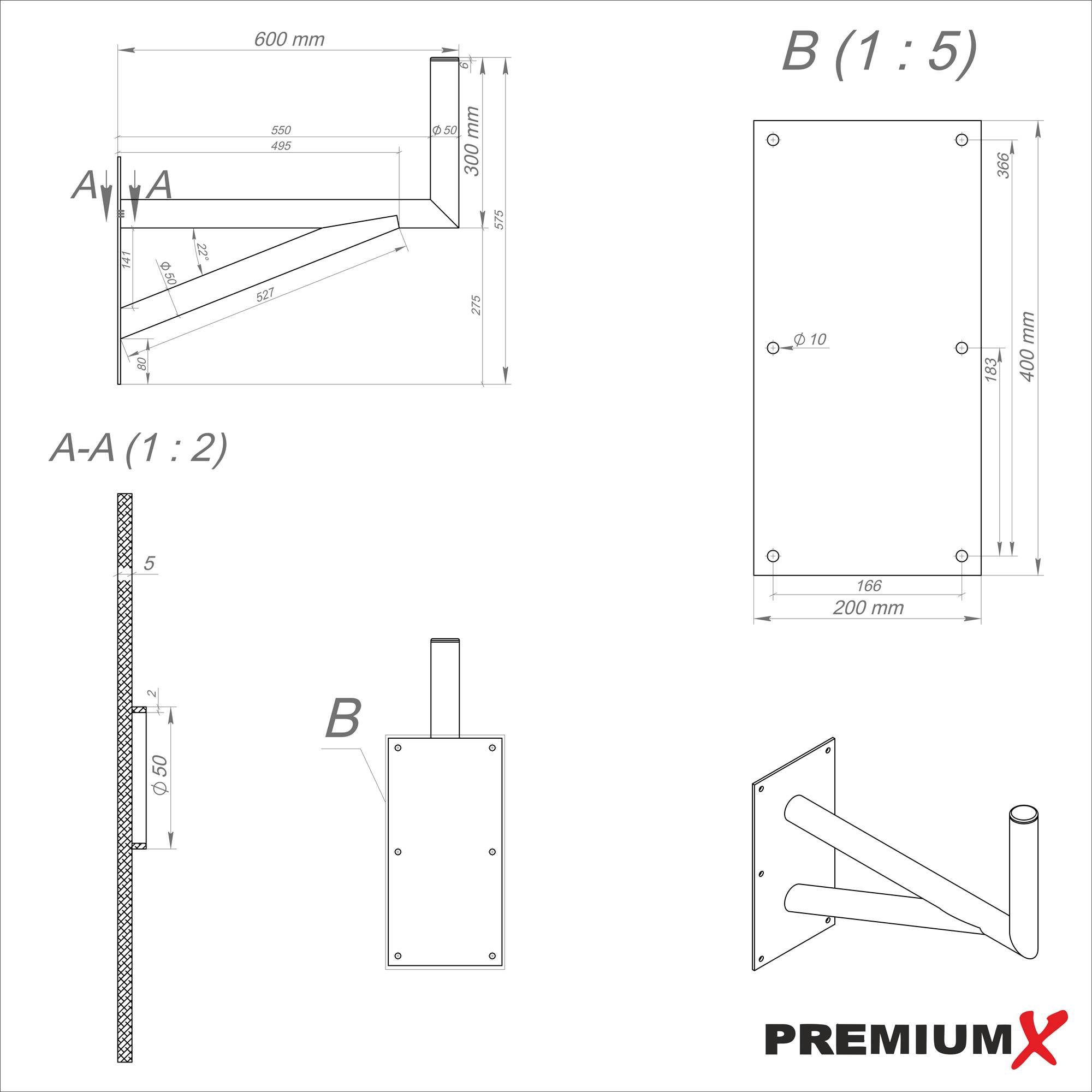 PremiumX 60cm Wandhalter Aluminium mit Stützelement – SAT Wandhalterung, Ausleger 600 mm, Höhe 300 mm, Grundplatte 400×200 mm