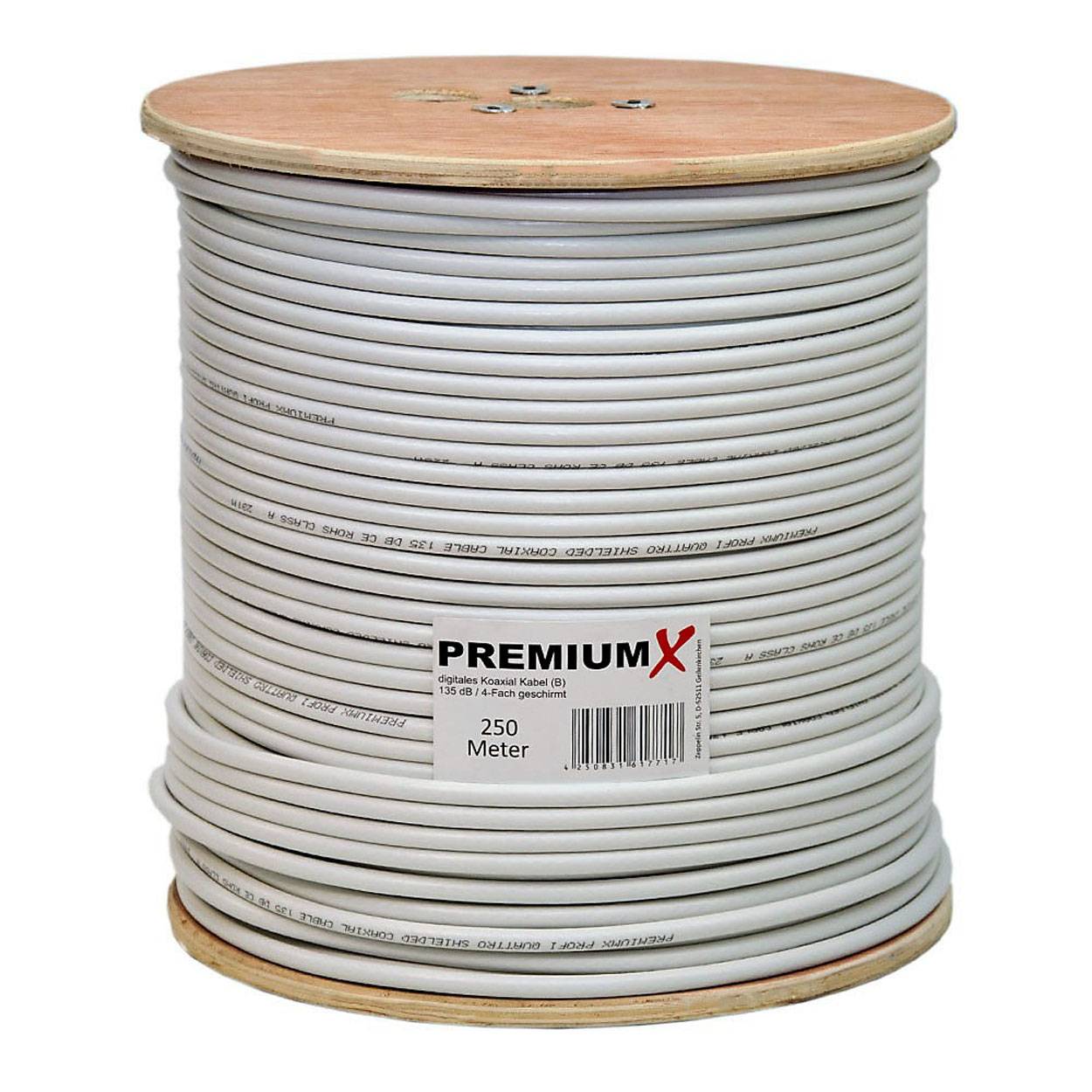 PremiumX 250m BASIC Koaxialkabel 135dB 4-fach CCS Kupfer-Stahl Satelliten Koaxkabel Antennenkabel SAT TV Koax Kabel RG-6 Class A