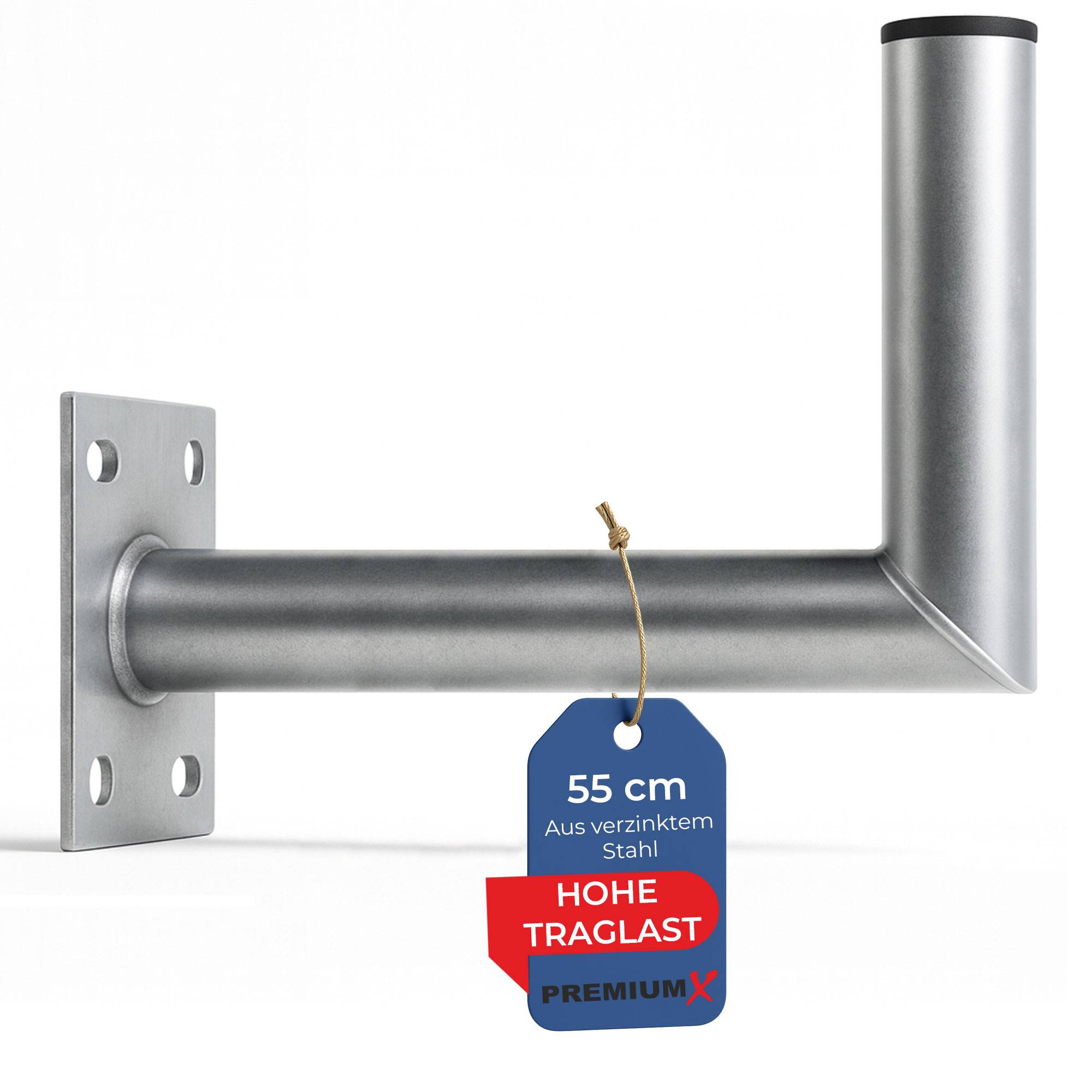Eine Metallwandhalterung in Winkelform, mit einem roten Etikett beschriftet '55 cm, aus verzinktem Stahl, HOHE TRAGLAST, PREMIUM X'.