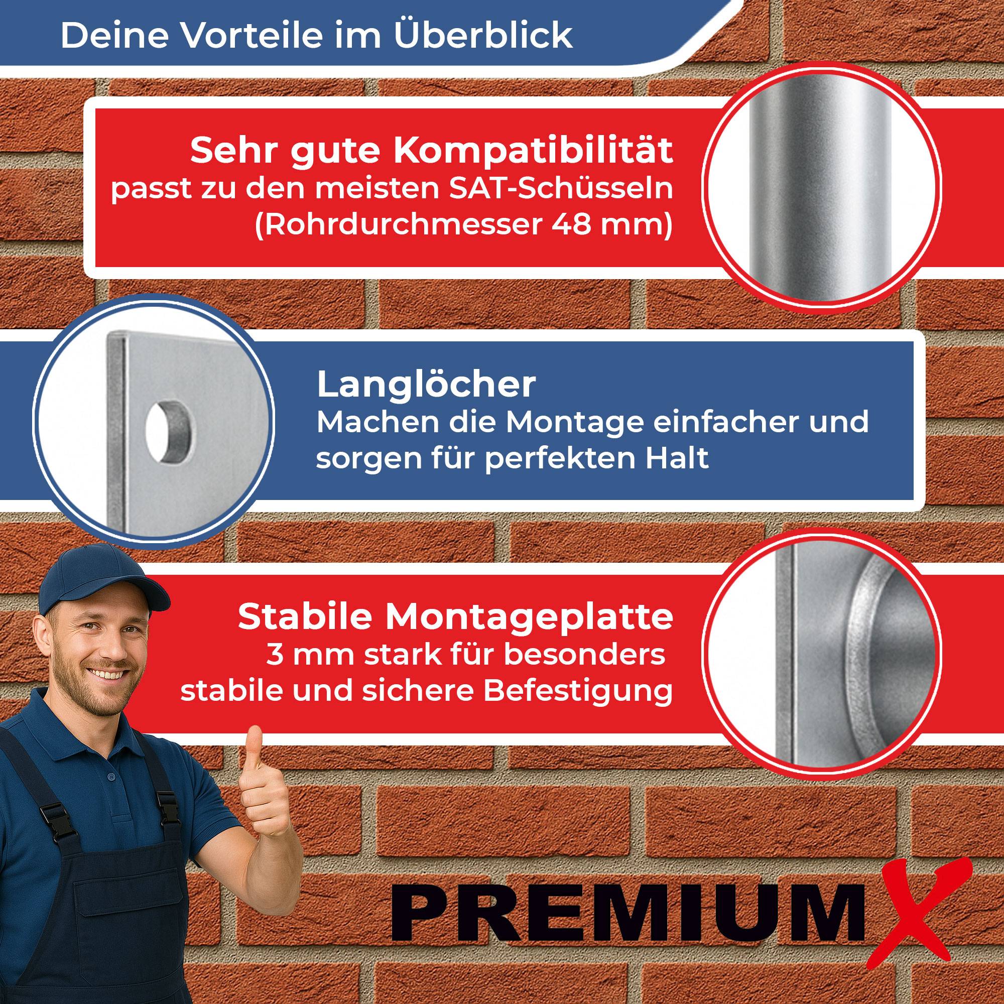 Deine Vorteile im Überblick' auf einem Ziegelsteinuntergrund. Hervorhebungen: 'Sehr gute Kompatibilität', 'Langlöcher', 'Stabile Montageplatte'. Lächelnder Arbeiter in blauer Arbeitskleidung.