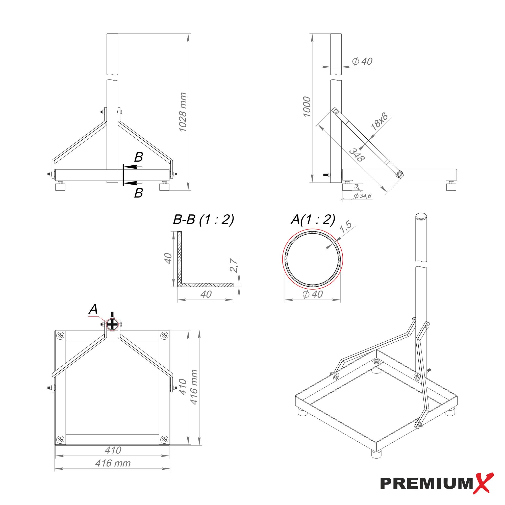 PremiumX Balkonständer 40x40cm Aluminium Mast 1m SAT Balkon Terrassen-Ständer Flachdach Halterung für Satelliten-Schüssel
