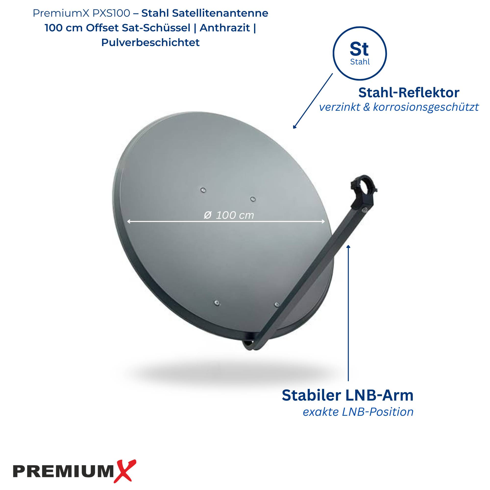 PremiumX PXS100 Satellitenschüssel 100cm Stahl Anthrazit Satellitenantenne SAT Spiegel mit LNB-Tragarm und Masthalterung