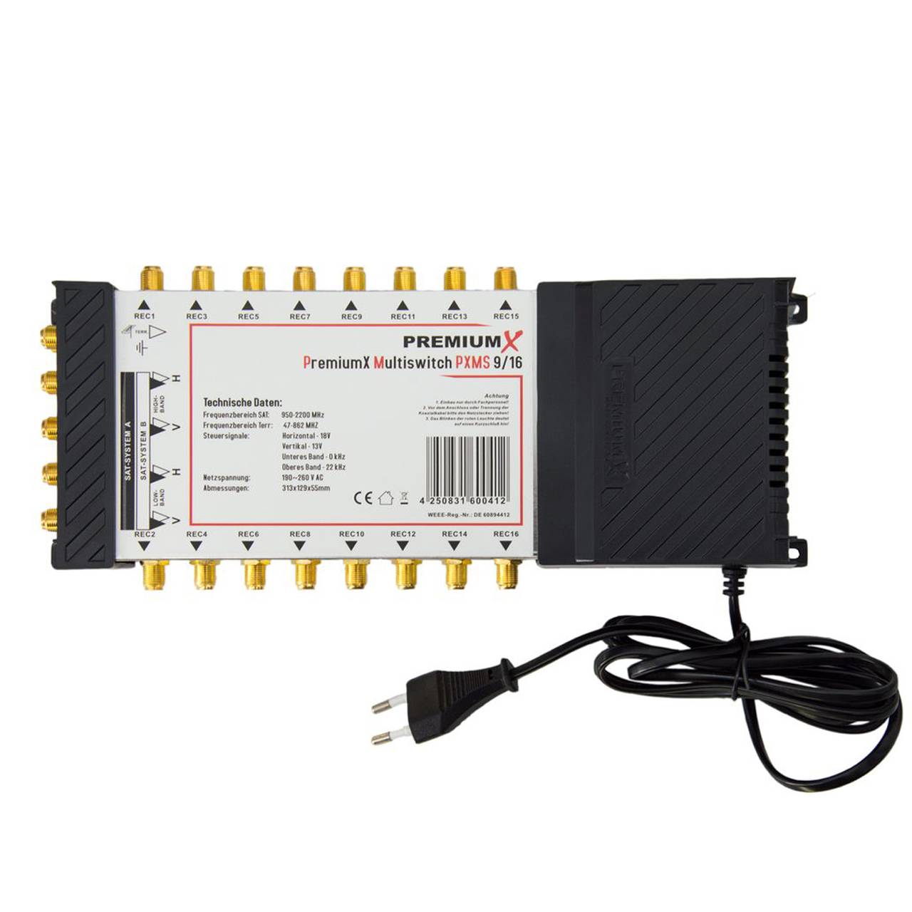 PremiumX PXMS 9/16 Multischalter mit Netzteil Multiswitch 2 SAT für 16 Teilnehmer Satverteiler Digital HDTV FullHD 4K UHD 8K