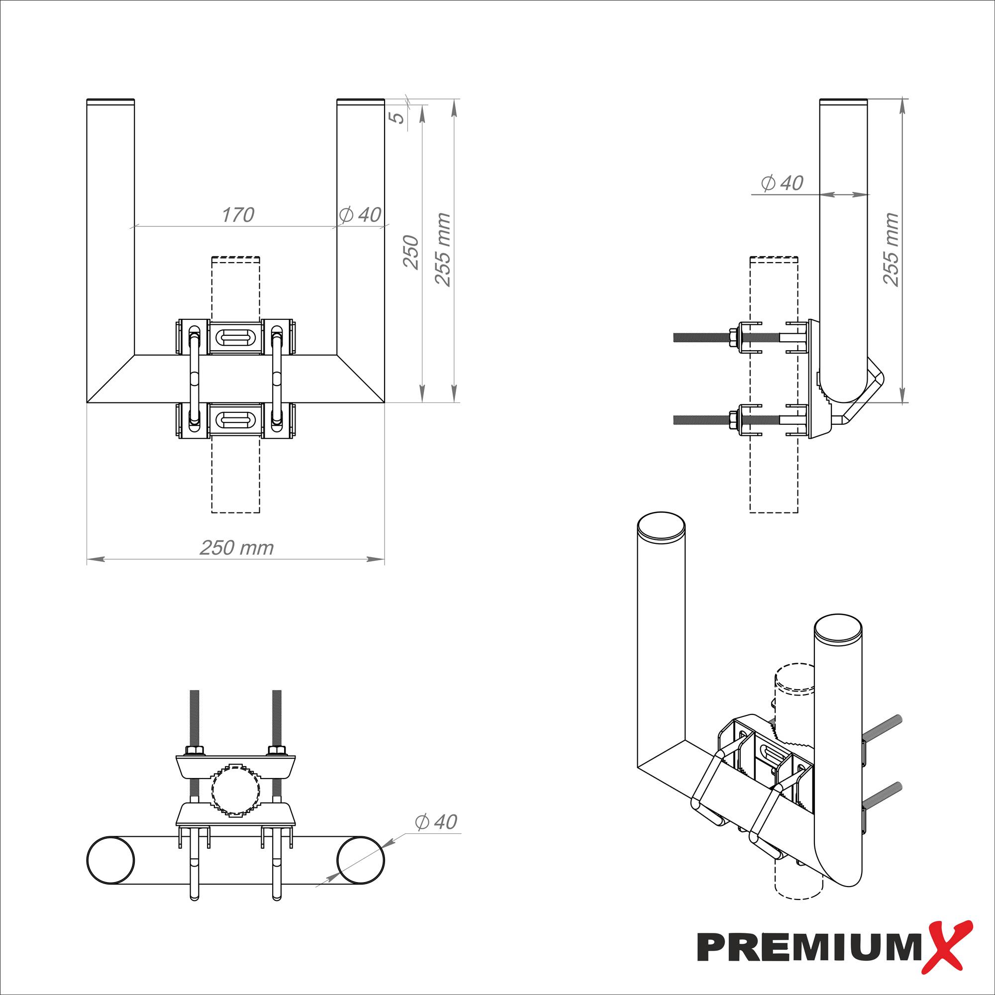PremiumX Doppel-Mastausleger 25cm Ø 40mm Aluminium Duo-Wandhalter SAT Mast-Ausleger U-Halterung für Satelliten-Schüssel