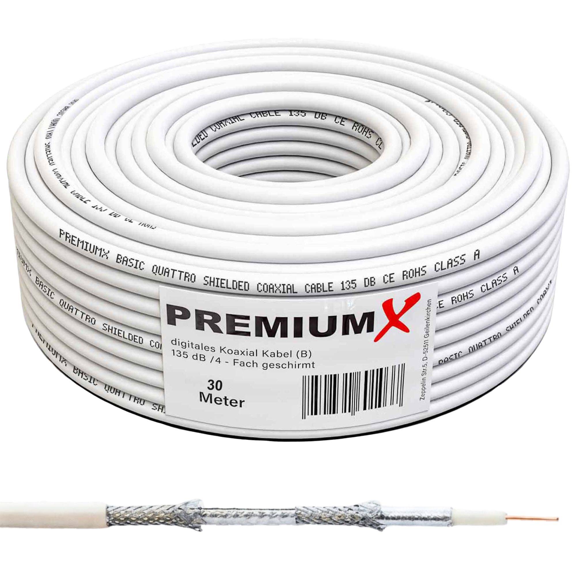 PremiumX 30m BASIC Koaxialkabel 135dB 4-fach CCS Kupfer-Stahl Satelliten Koax-Kabel Antennenkabel Digital SAT TV Kabel