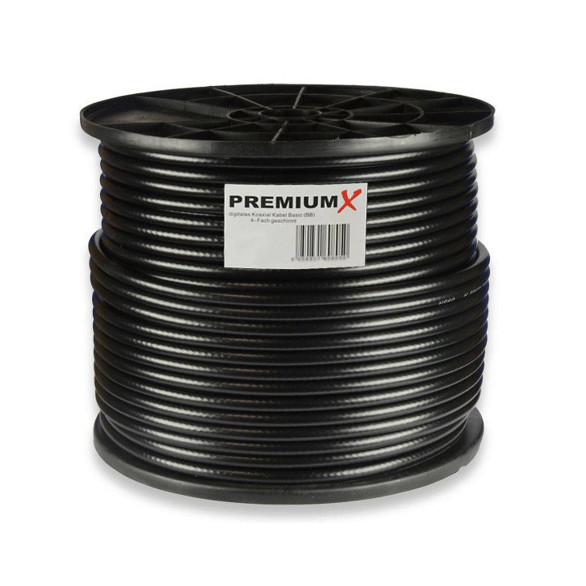PremiumX 100m BASIC Koaxialkabel schwarz 135dB 4-fach CCS Koaxkabel Antennenkabel Digital SAT TV Kabel RG6 Class A