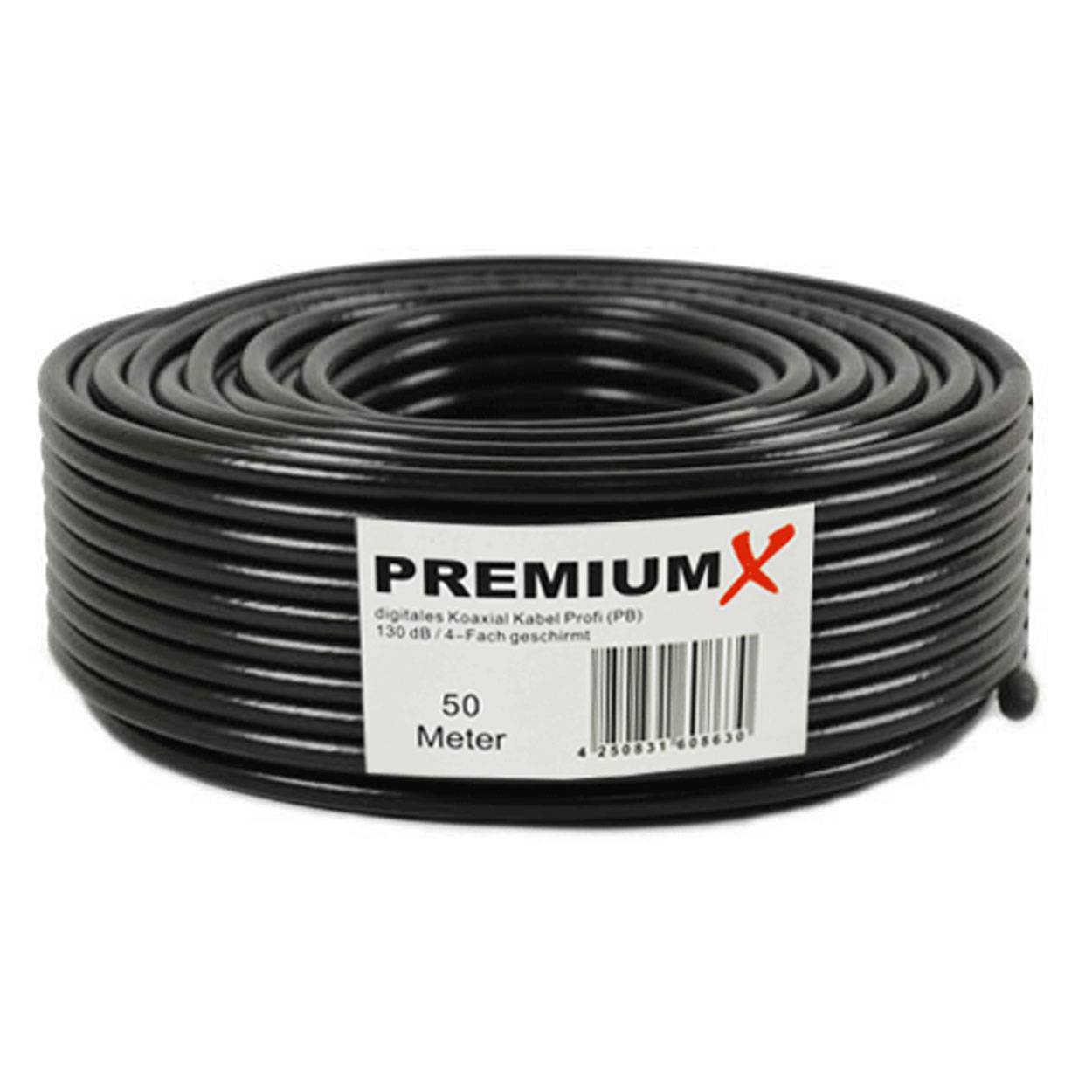 PremiumX 50m PROFI Koaxialkabel Schwarz 135dB 4-fach geschirmt REINES KUPFER Koax-Kabel Satellitenkabel SAT Antennenkabel
